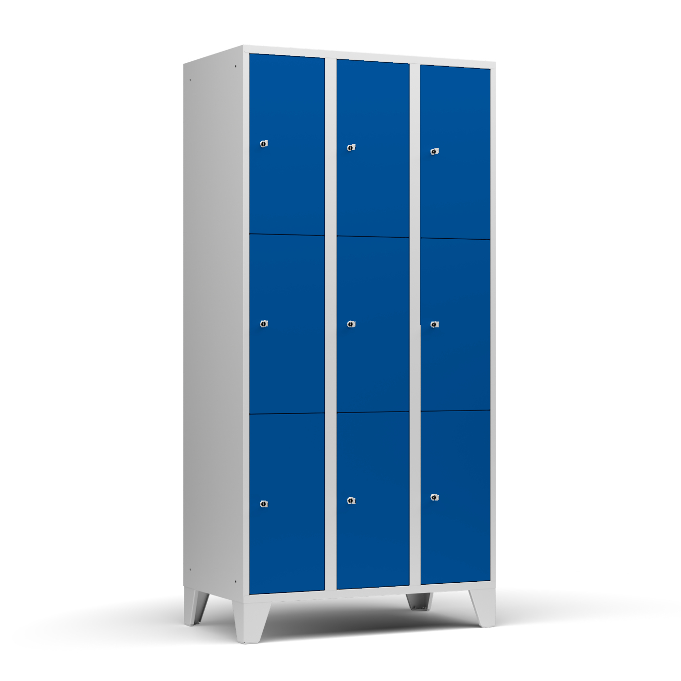 Wolf Fächerschrank Serie 72, Füße, Abteilbreite 300 mm, 3 Abteile à 3 Fächer Enzianblau RAL 5010