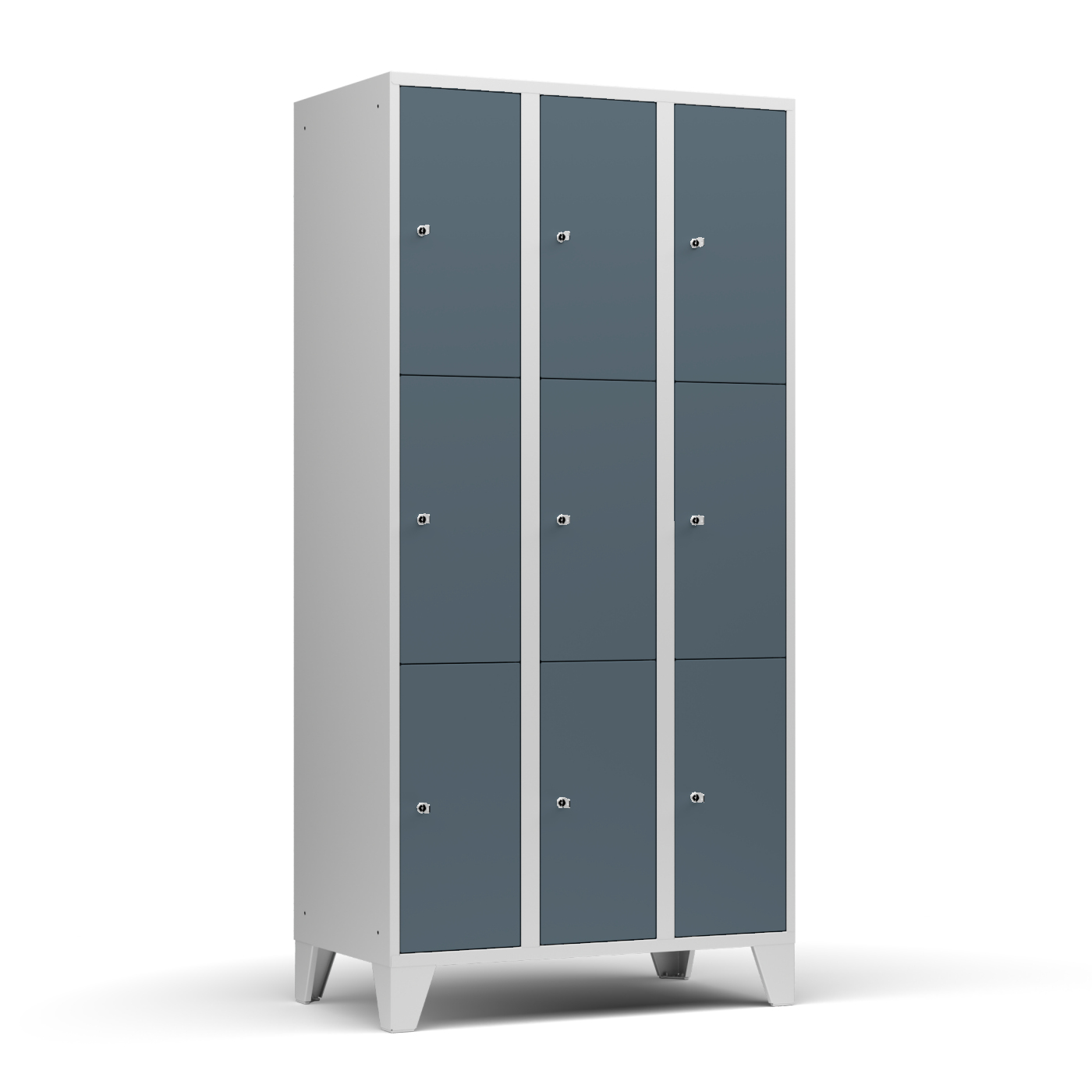 Wolf Fächerschrank Serie 72, Füße, Abteilbreite 300 mm, 3 Abteile à 3 Fächer Blaugrau RAL 7031