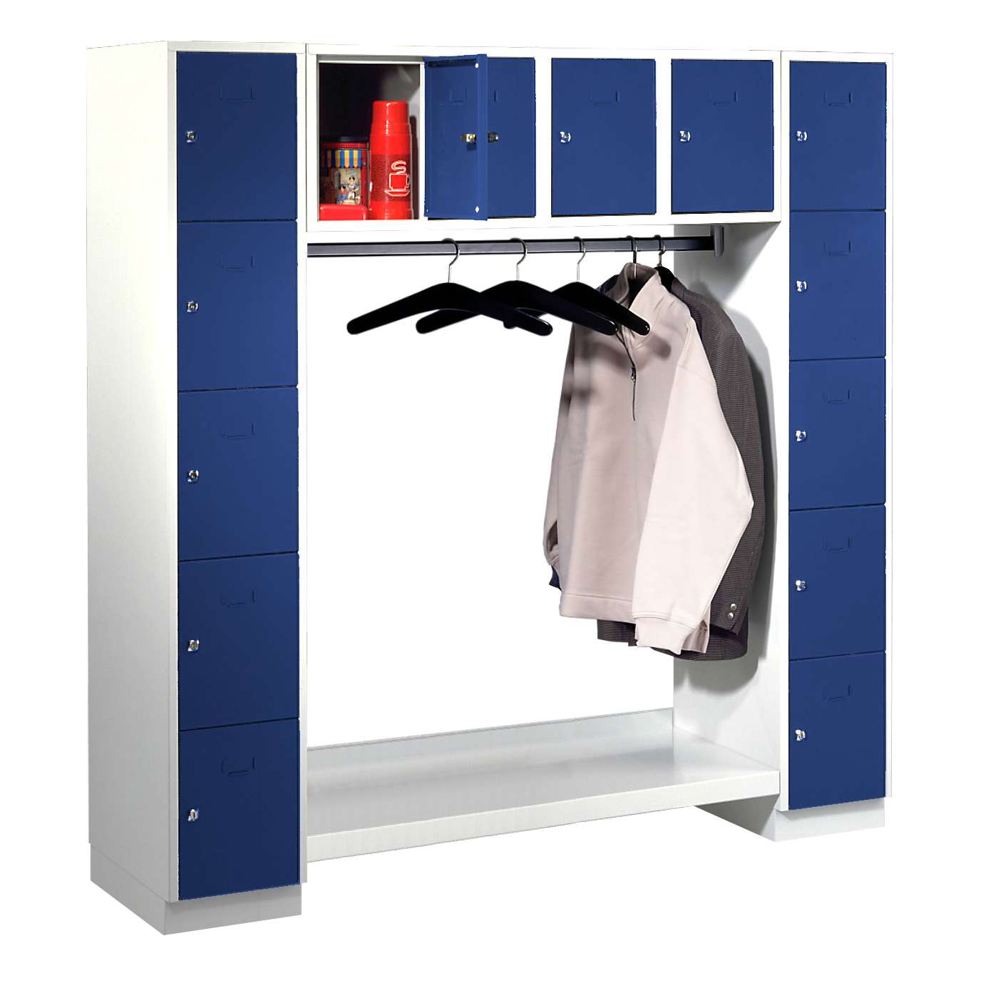 Wolf Schließfachgarderoben-System Serie 78 2 Abteile Breite 300 mm 14 Fächer offene Garderobe Enzianblau RAL 5010