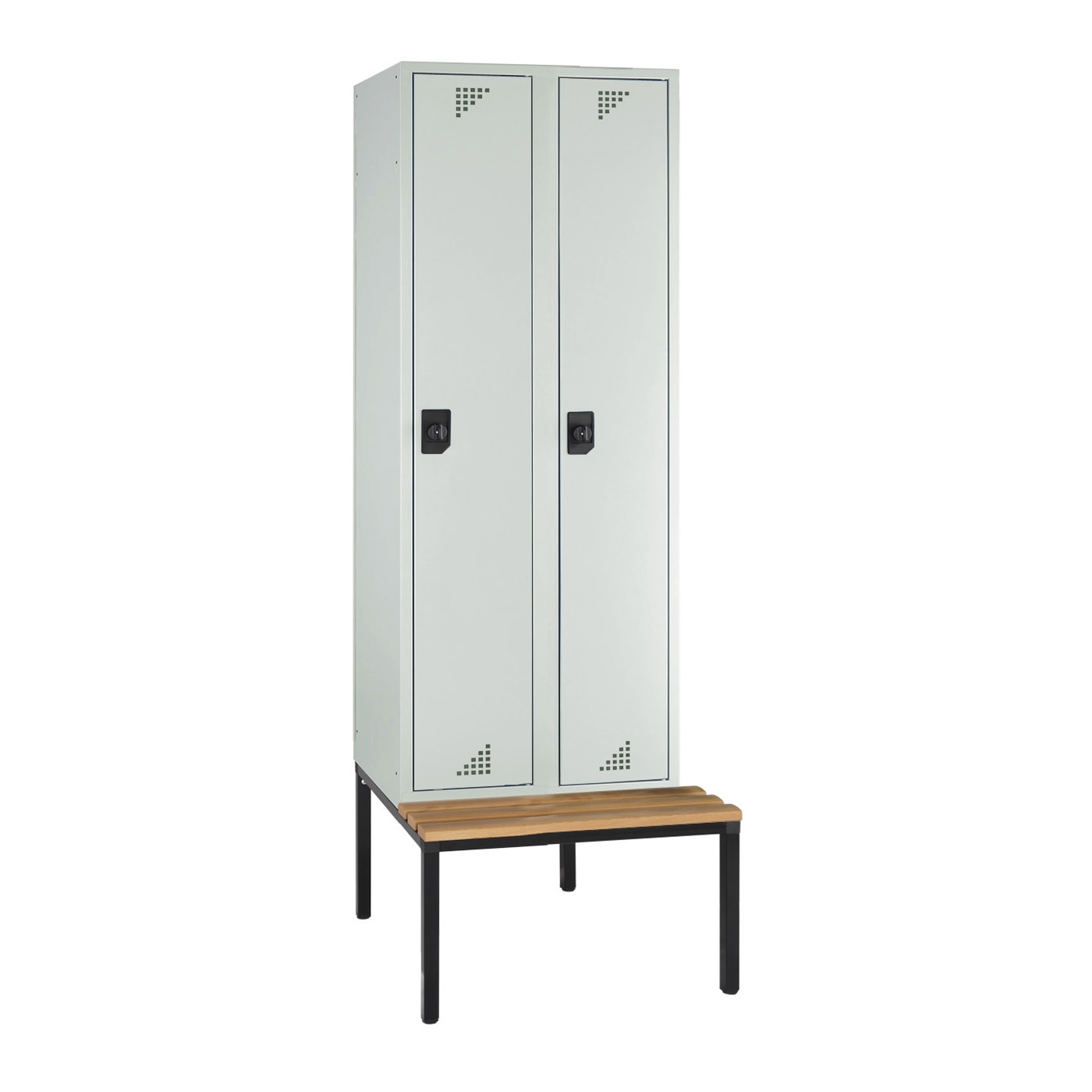 Wolf Spind Serie 82 U mit Sitzbankuntergestell, Abteilbreite 300 mm, 2 Abteile Lichtgrau RAL 7035