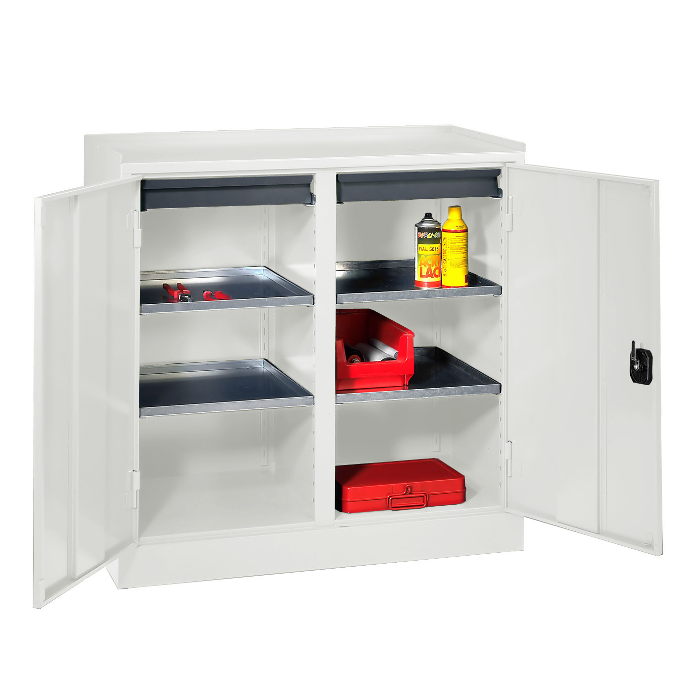 Wolf Werkzeugschrank Serie 51 Sockel Breite 1000 mm 2 Abteile 2 Schubladen 4 Fachböden Lichtgrau RAL 7035