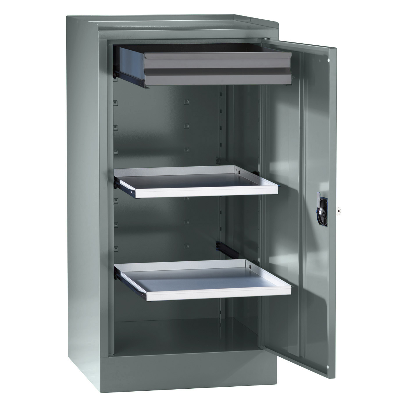 Wolf Werkzeugschrank Serie 50, Sockel, Breite 500 mm, 1 Schublade, 2 Fachböden Blaugrau RAL 7031