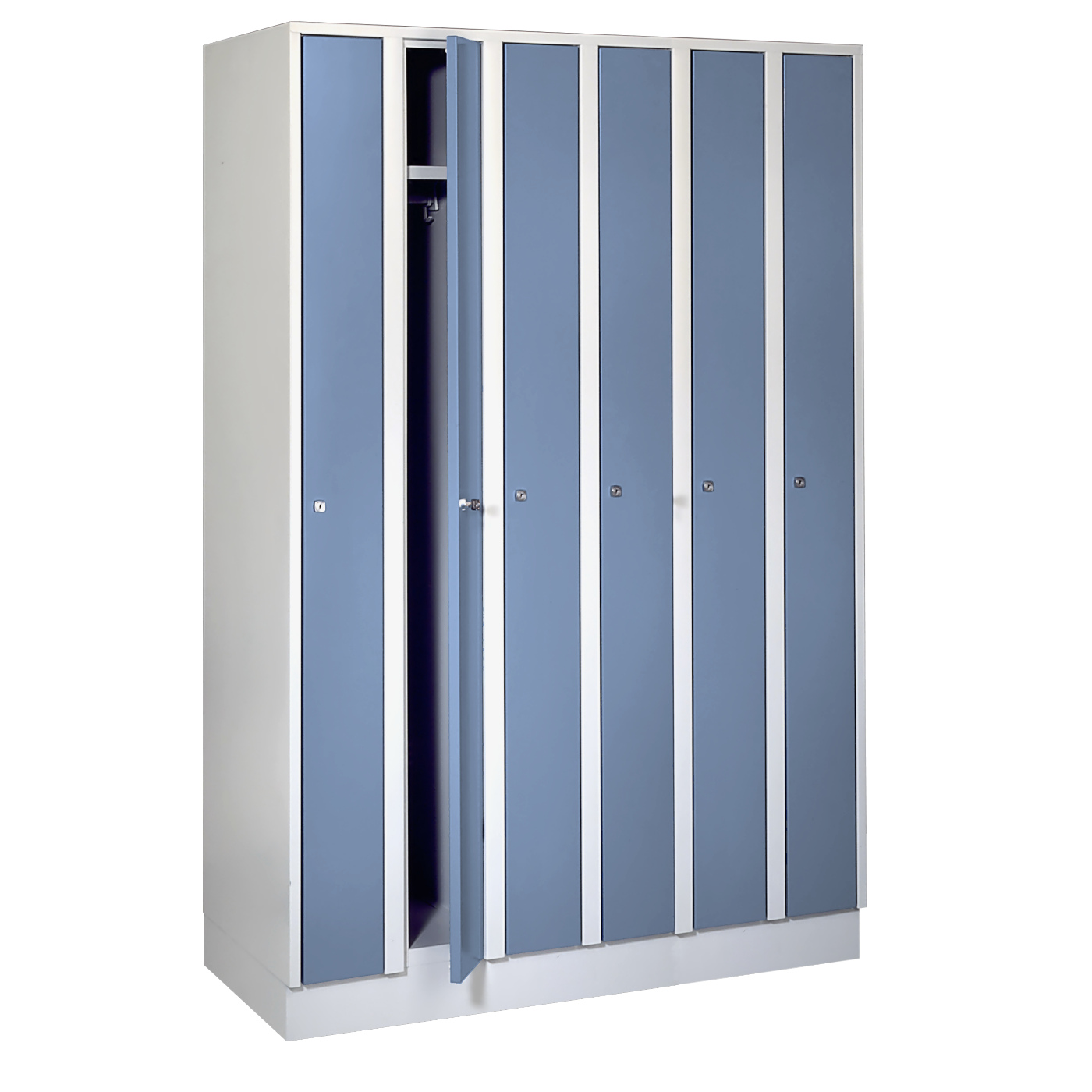 Wolf Raumspar-Spind Serie 71 R, Sockel, 6 Abteile mit einer Abteilbreite von je 200 mm Taubenblau RAL 5014
