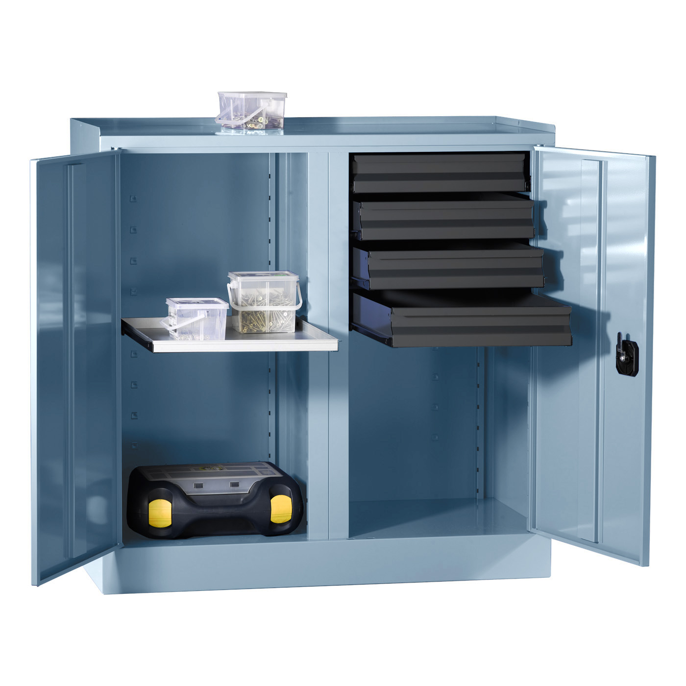 Wolf Werkzeugschrank Serie 51 Sockel Breite 1000 mm 2 Abteile 4 Schubladen 1 Fachboden Brillantblau RAL 5007