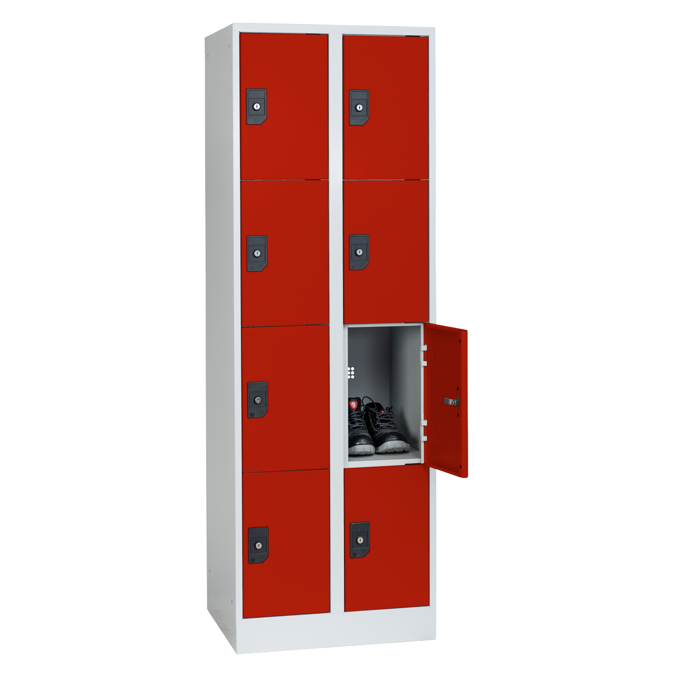 Wolf Fächerschrank Serie 96, Sockel, Abteilbreite 300 mm, 2 Abteile à 4 Fächer Feuerrot RAL 3000