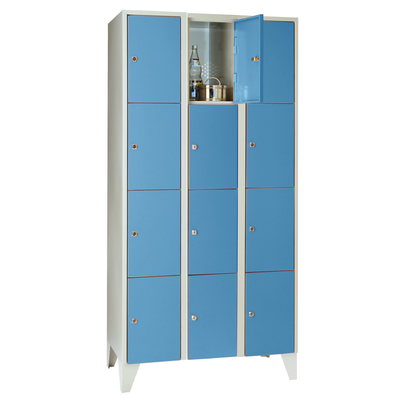 Wolf Fächerschrank Serie 72, Füße, Abteilbreite 300 mm, 3 Abteile à 4 Fächer Lichtblau RAL 5012