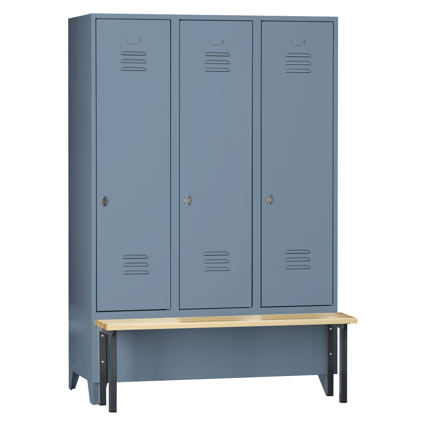 Wolf Spind Serie 75 S mit Sitzbank, Abteilbreite 400 mm, 3 Abteile Blaugrau RAL 7031