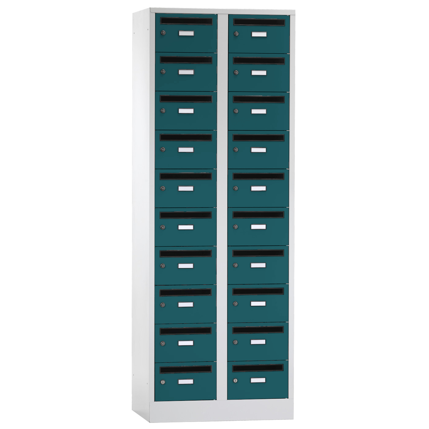 Wolf Postverteilerschrank Serie 42 PV, Sockel, Abteilbreite 350 mm, 2 Abteile à 10 Fächer Opalgrün RAL 6026