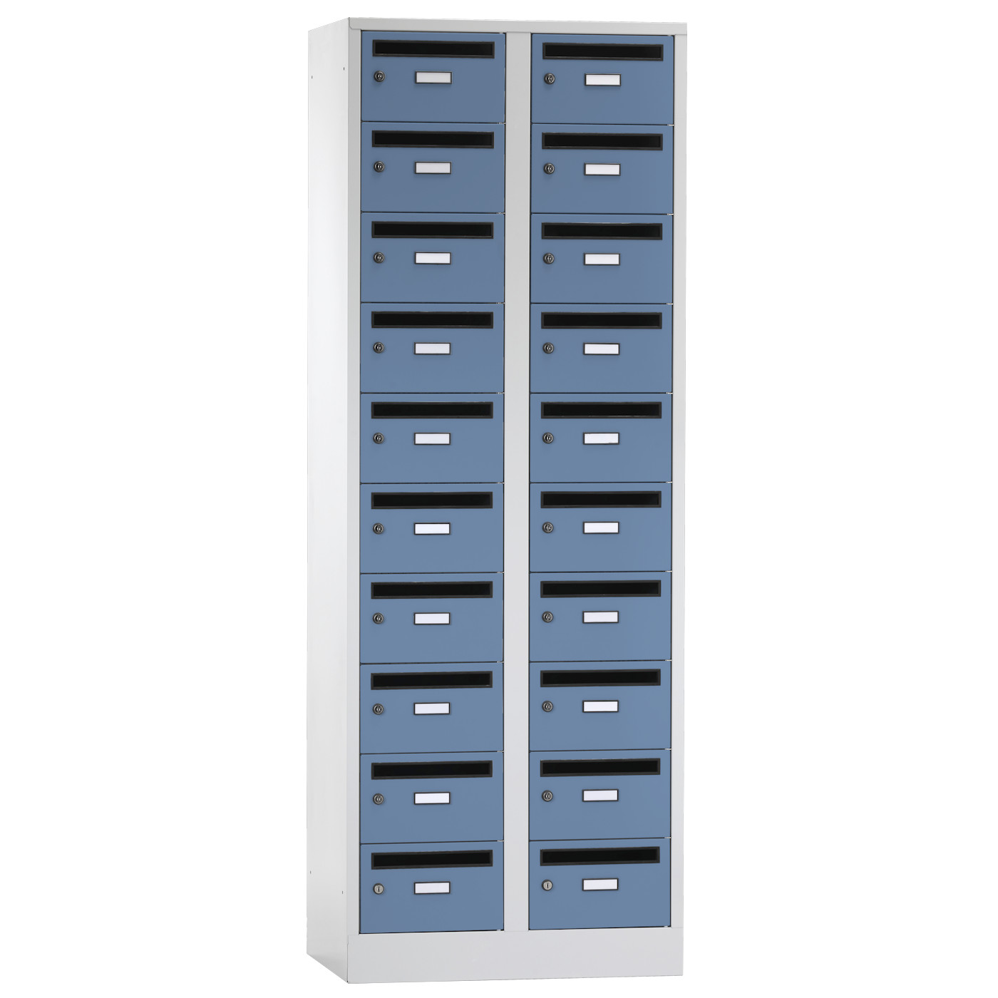 Wolf Postverteilerschrank Serie 42 PV, Sockel, Abteilbreite 350 mm, 2 Abteile à 10 Fächer Taubenblau RAL 5014