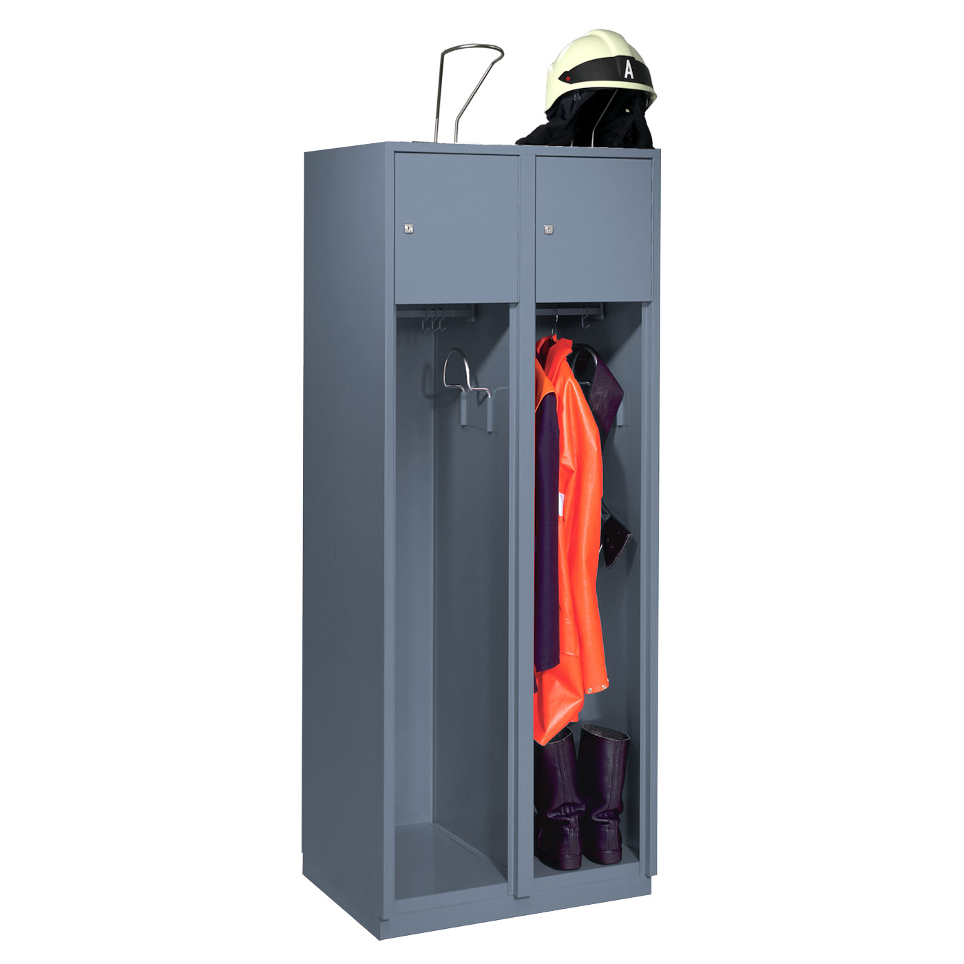 Wolf Feuerwehrschrank Serie 75 F, Sockel, Abteilbreite 400 mm, 2 Abteile Blaugrau RAL 7031