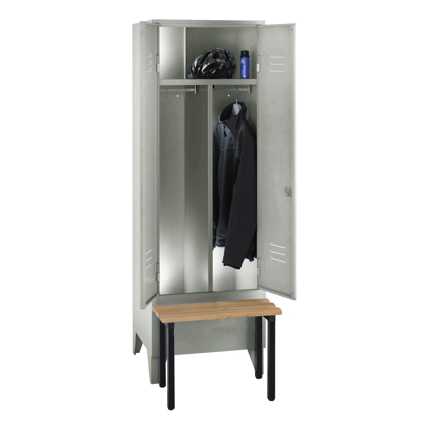 Wolf Spind Serie 75 S ASR mit Sitzbank, Füße, Abteilbreite 600 mm, 1 Abteil, Schwarz-Weiß-Trennung Lichtgrau RAL 7035