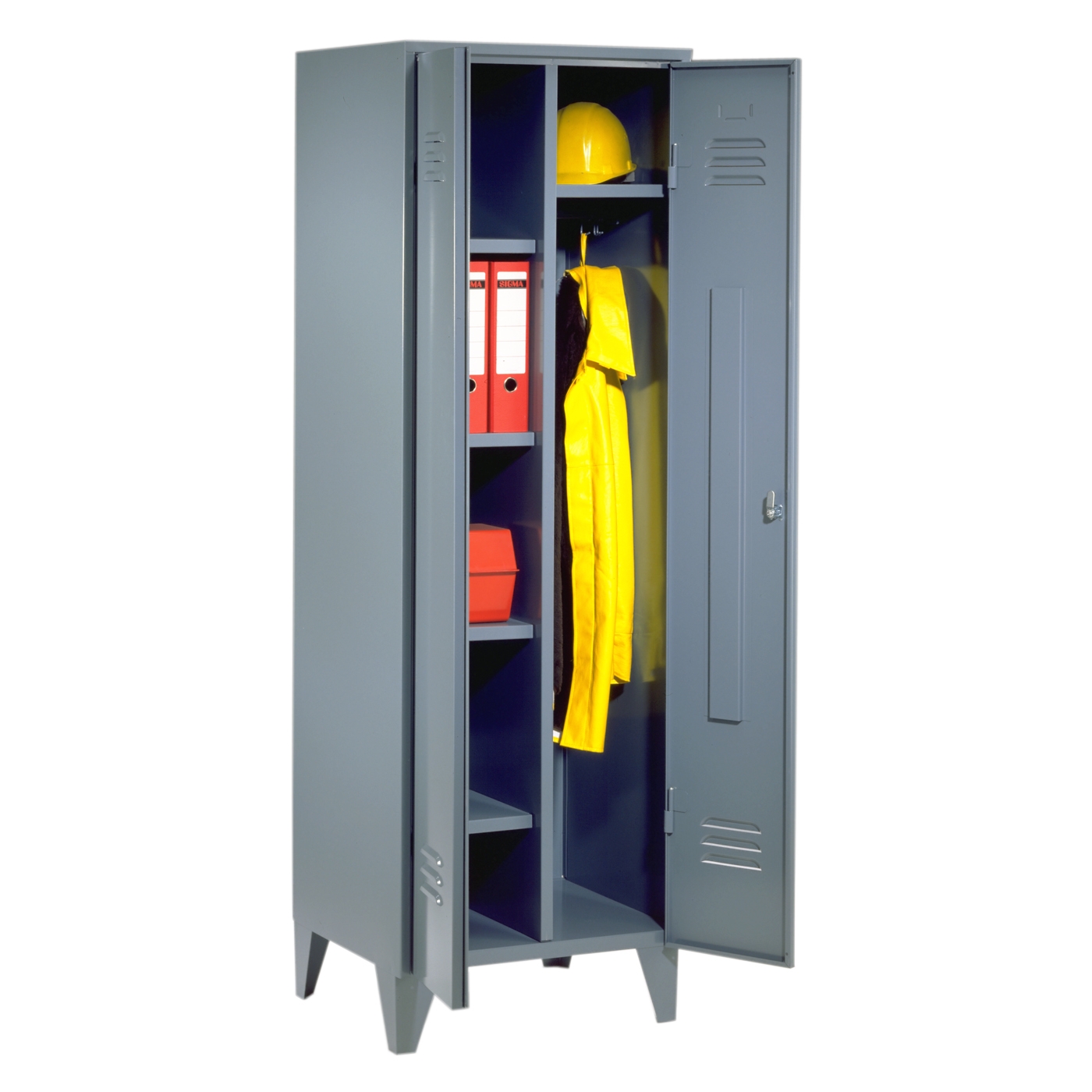 Wolf Garderoben-Wäscheschrank und Spind Serie 76, Sockel, Abteilbreite 300 mm, 2 Abteile Blaugrau RAL 7031