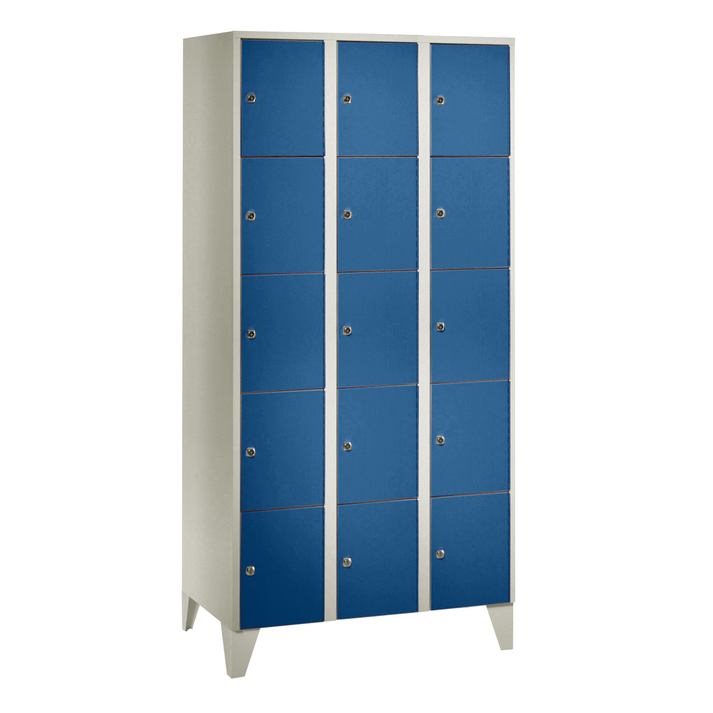 Wolf Fächerschrank Serie 72, Füße, Abteilbreite 300 mm, 3 Abteile à 5 Fächer Enzianblau RAL 5010