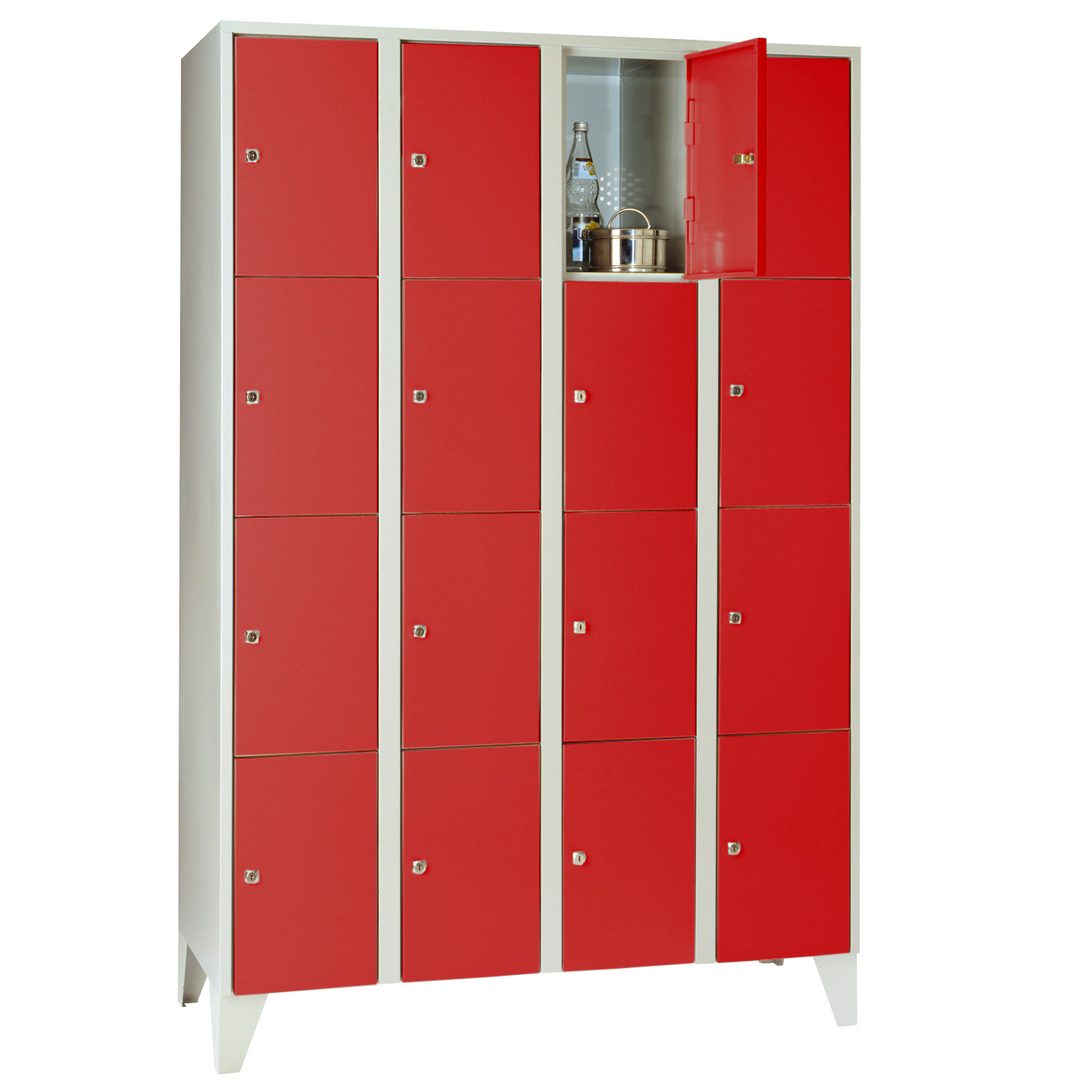 Wolf Fächerschrank Serie 72, Füße, Abteilbreite 300 mm, 4 Abteile à 4 Fächer Feuerrot RAL 3000