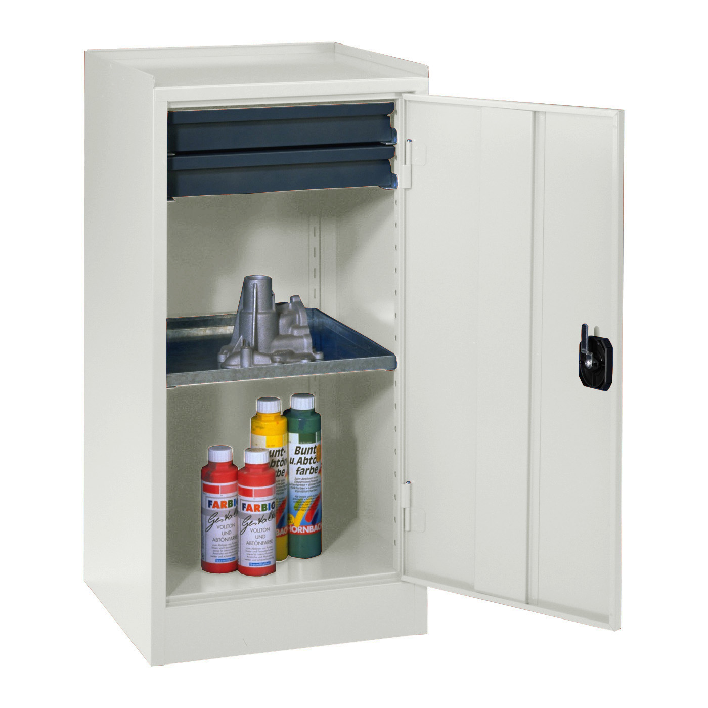 Wolf Werkzeugschrank Serie 50, Sockel, Breite 500 mm, 2 Schubladen, 1 Fachboden Lichtgrau RAL 7035