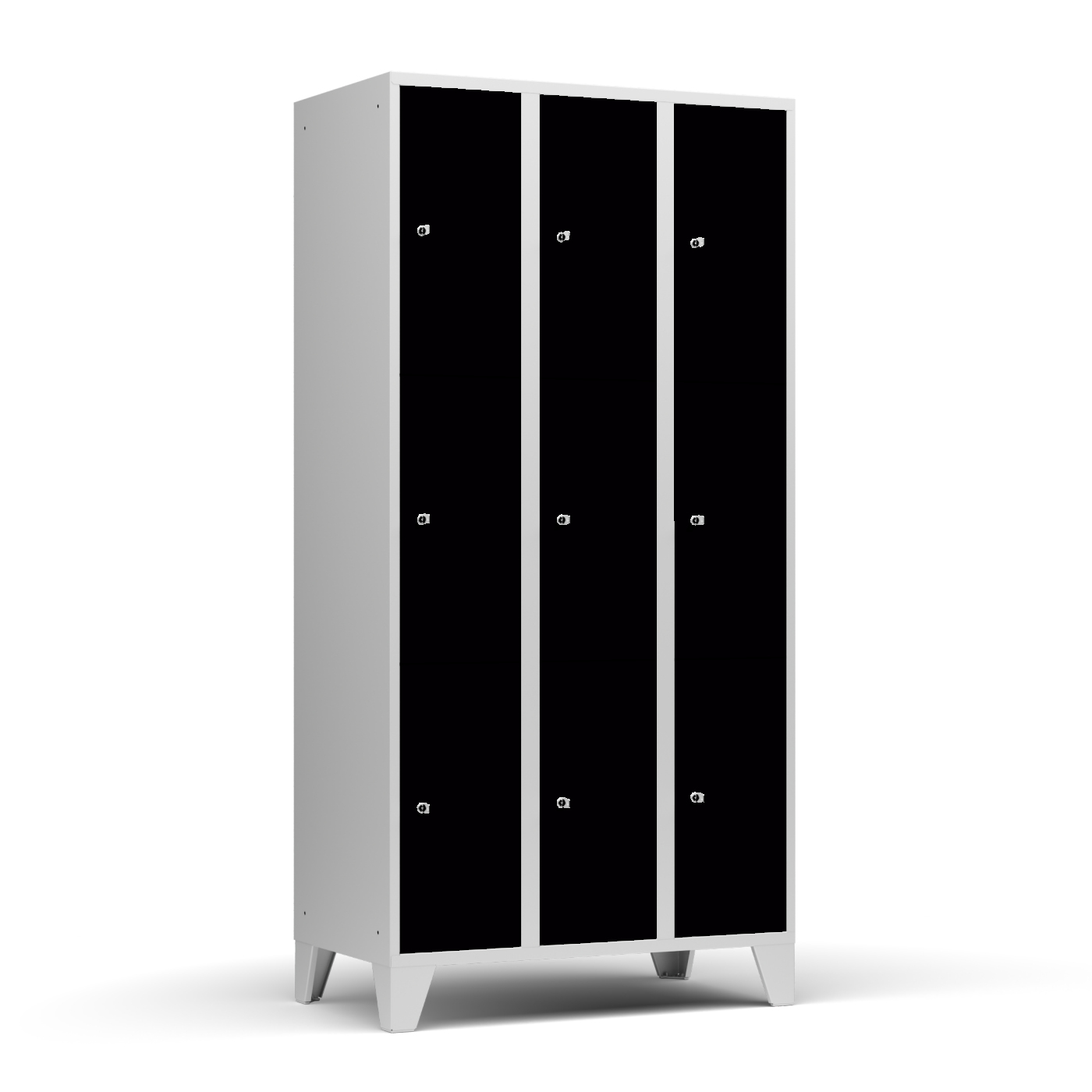 Wolf Fächerschrank Serie 72, Füße, Abteilbreite 300 mm, 3 Abteile à 3 Fächer Tiefschwarz RAL 9005