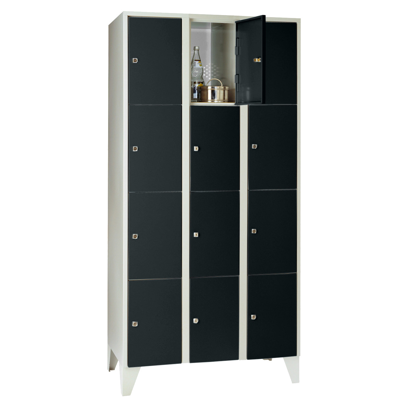Wolf Fächerschrank Serie 72, Füße, Abteilbreite 300 mm, 3 Abteile à 4 Fächer Tiefschwarz RAL 9005