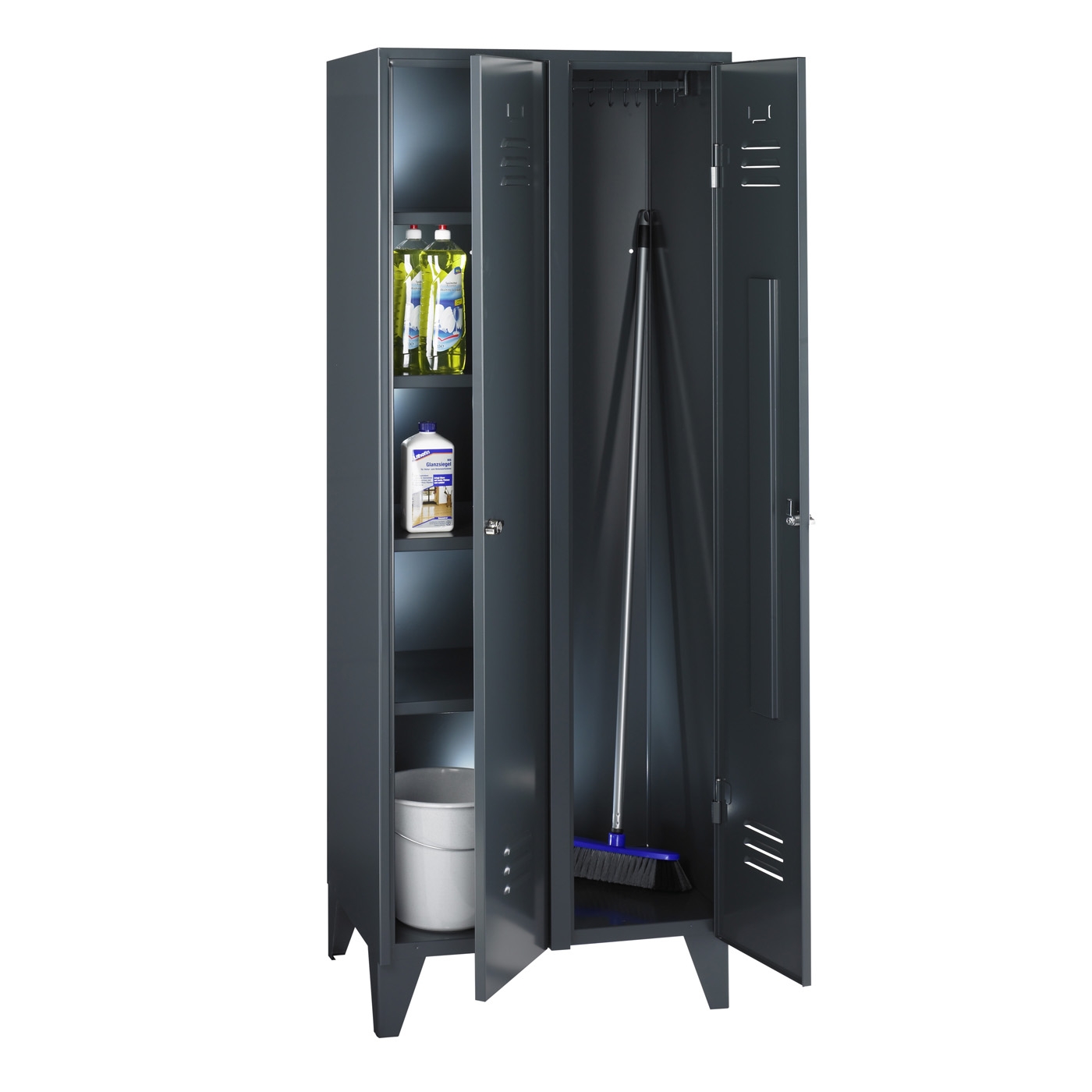 Wolf Mehrzweckschrank Serie 79, Füße, Abteilbreite 700 mm, 1 Abteil, 4 Fächer, 5 Klemmhalter Anthrazitgrau RAL 7016