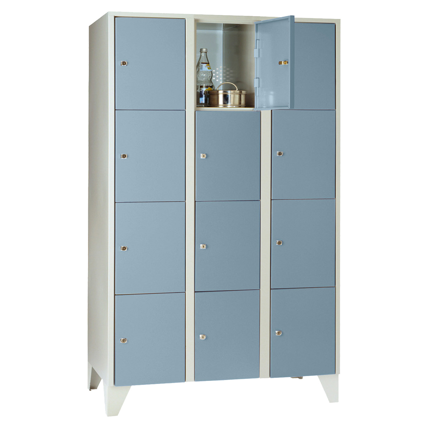 Wolf Fächerschrank Serie 72, Füße, Abteilbreite 400 mm, 3 Abteile à 4 Fächer Taubenblau RAL 5014