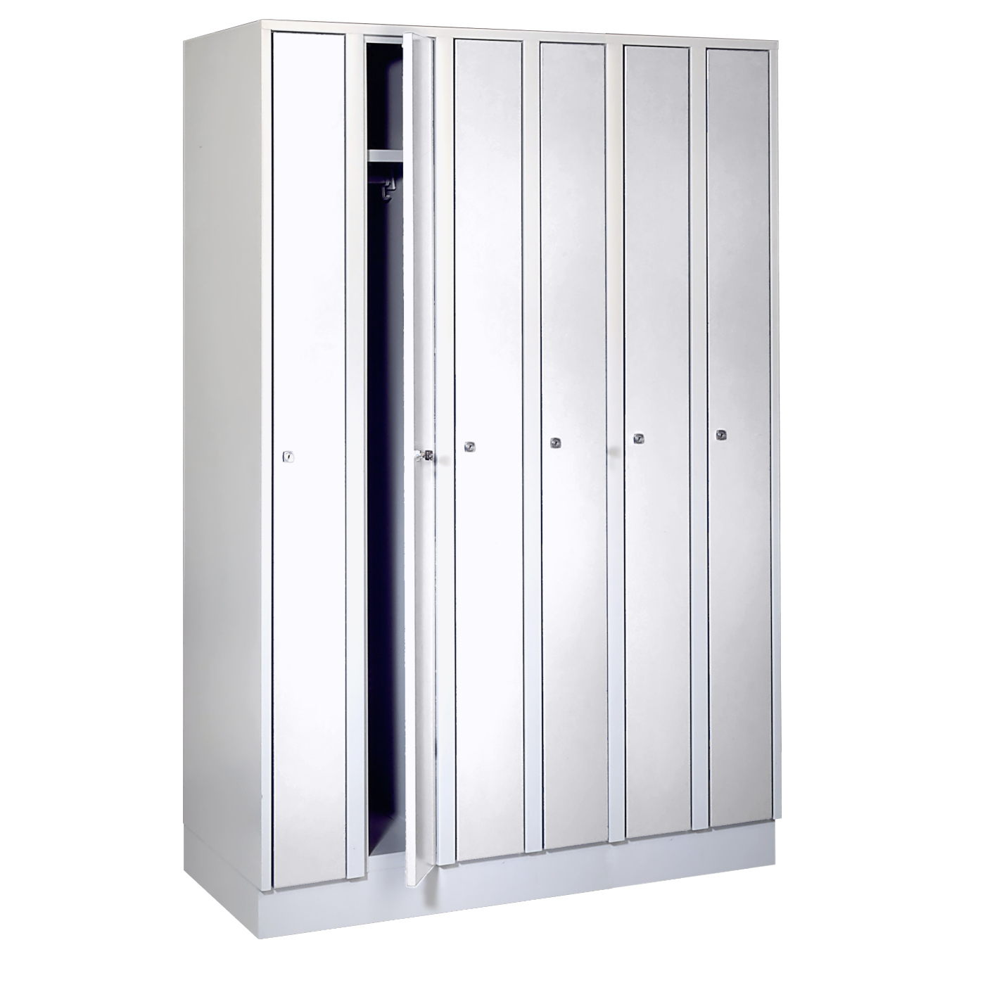 Wolf Raumspar-Spind Serie 71 R, Sockel, 6 Abteile mit einer Abteilbreite von je 200 mm Lichtgrau RAL 7035