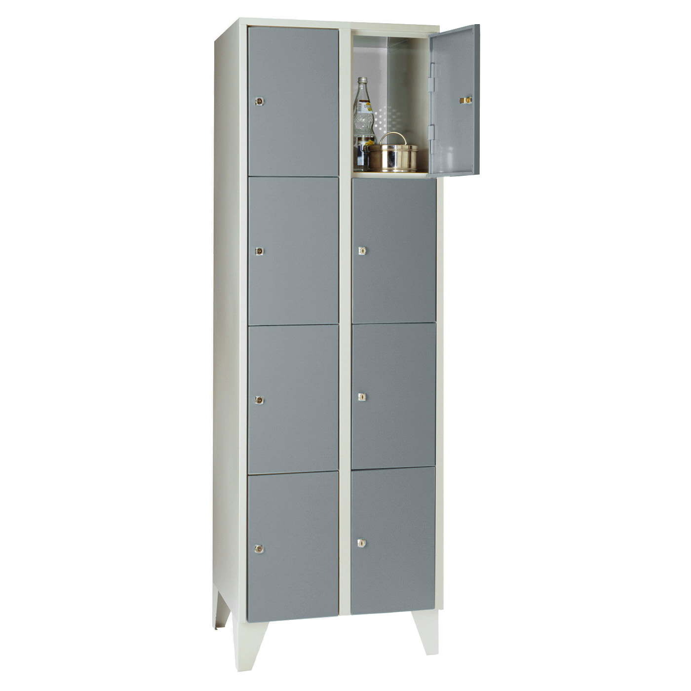 Wolf Fächerschrank Serie 72, Füße, Abteilbreite 300 mm, 2 Abteile à 4 Fächer Blaugrau RAL 7031