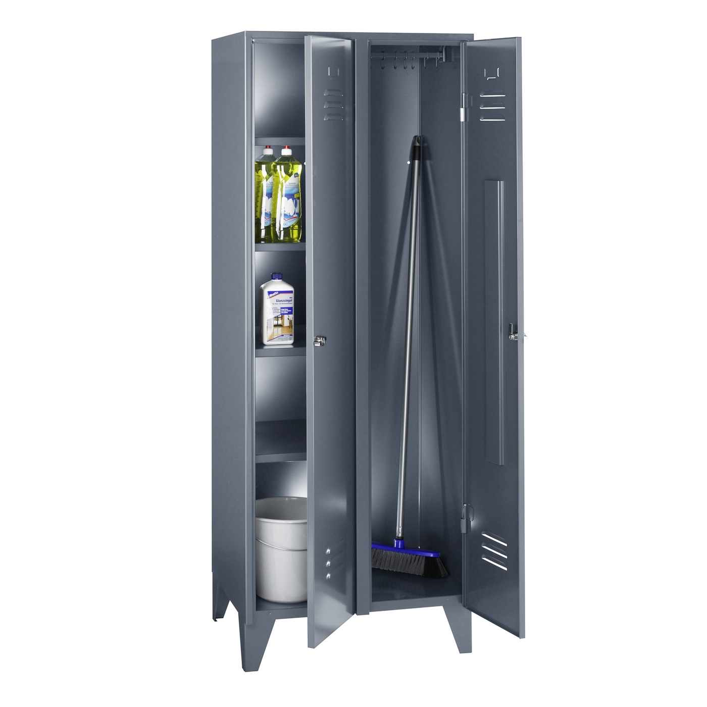 Wolf Mehrzweckschrank Serie 79, Füße, Abteilbreite 700 mm, 1 Abteil, 4 Fächer, 5 Klemmhalter Blaugrau RAL 7031