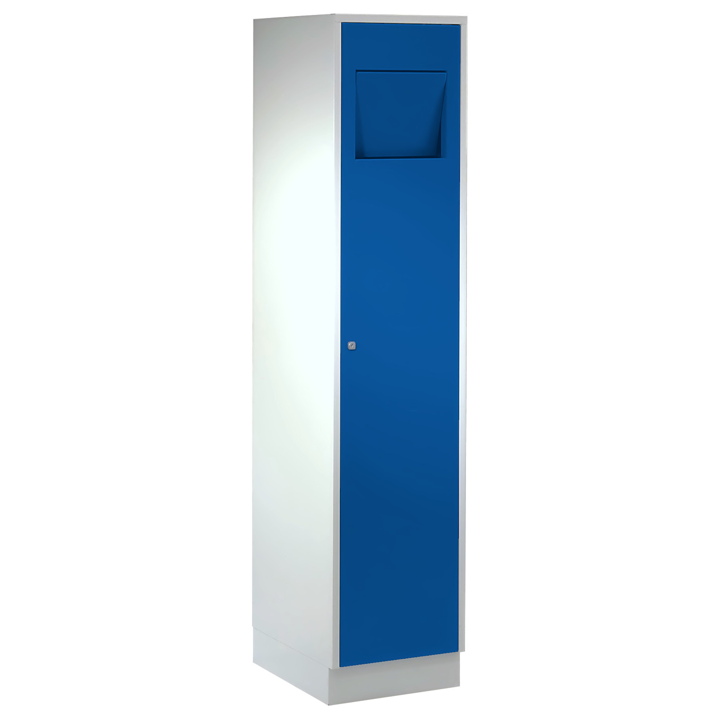 Wolf Wäschesammelschrank Serie 71 WS, Sockel, Abteilbreite 400 mm, Tür mit Einwurfklappe Enzianblau RAL 5010