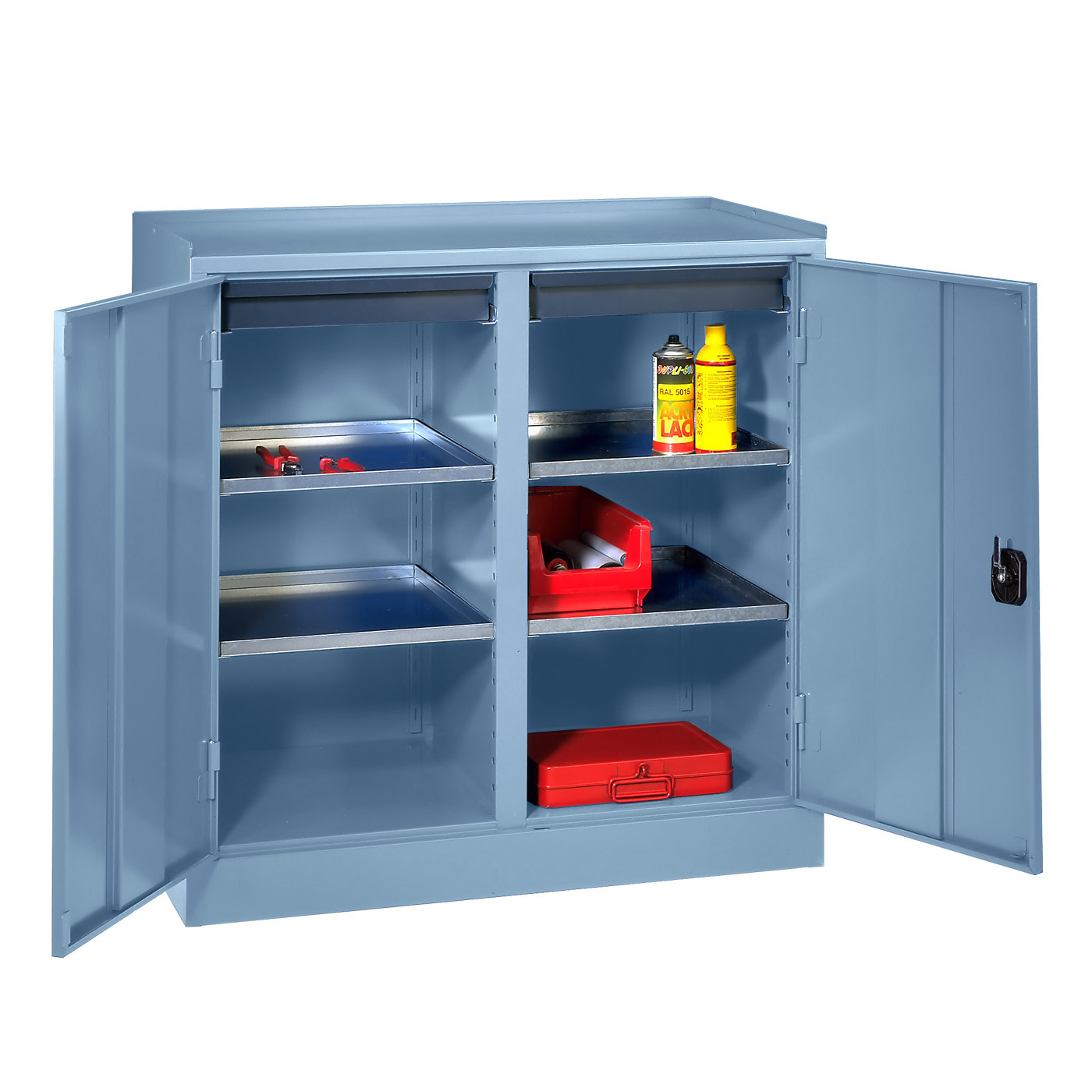 Wolf Werkzeugschrank Serie 51 Sockel Breite 1000 mm 2 Abteile 2 Schubladen 4 Fachböden Brillantblau RAL 5007
