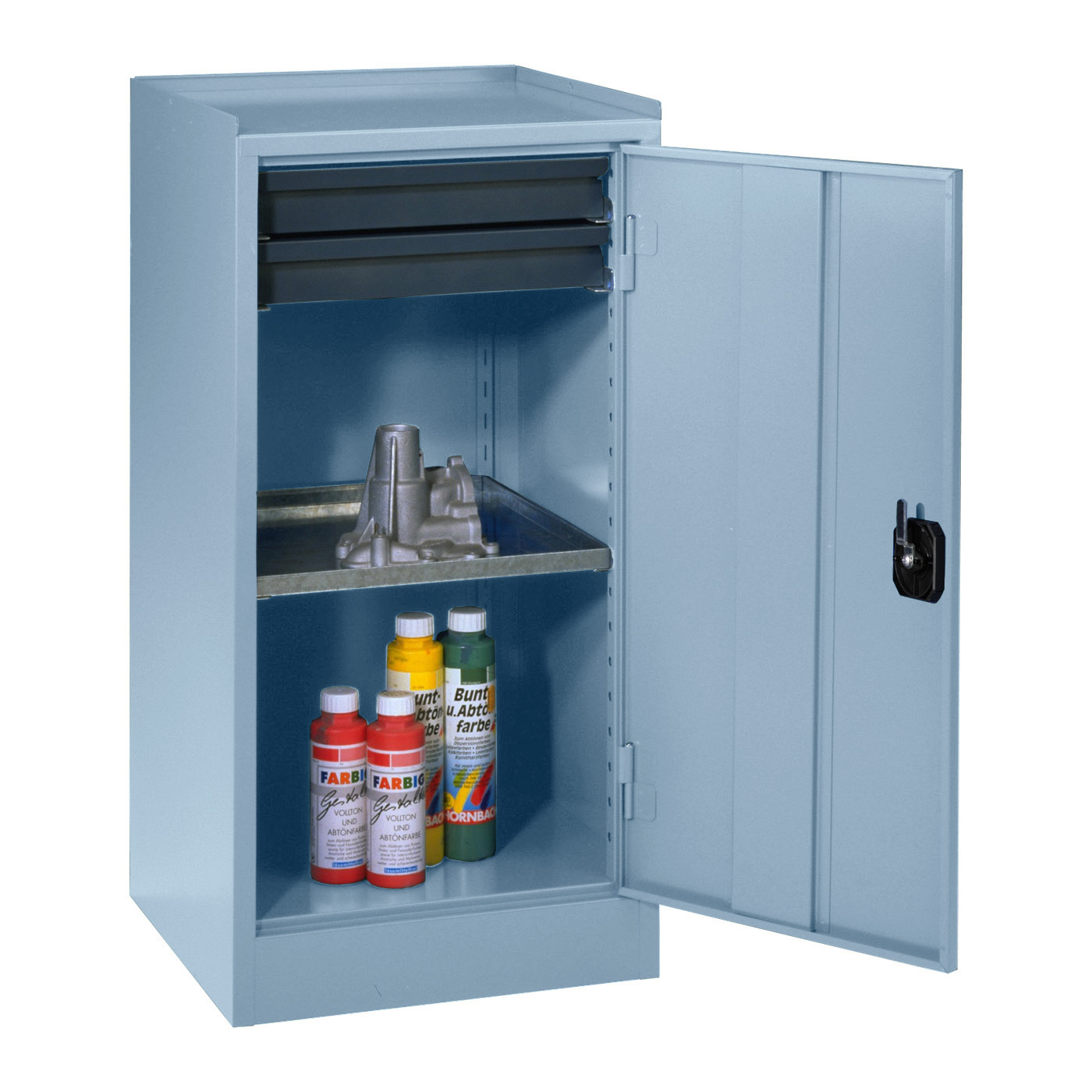 Wolf Werkzeugschrank Serie 50, Sockel, Breite 500 mm, 2 Schubladen, 1 Fachboden Brillantblau RAL 5007