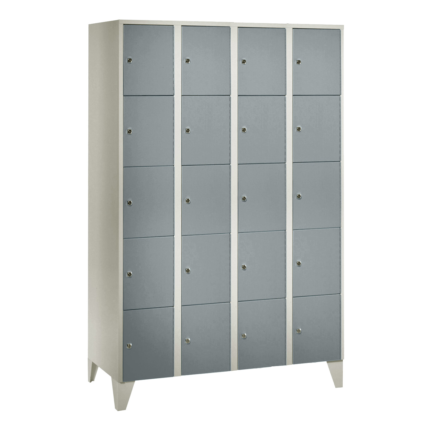 Wolf Fächerschrank Serie 72, Füße, Abteilbreite 300 mm, 4 Abteile à 5 Fächer Blaugrau RAL 7031