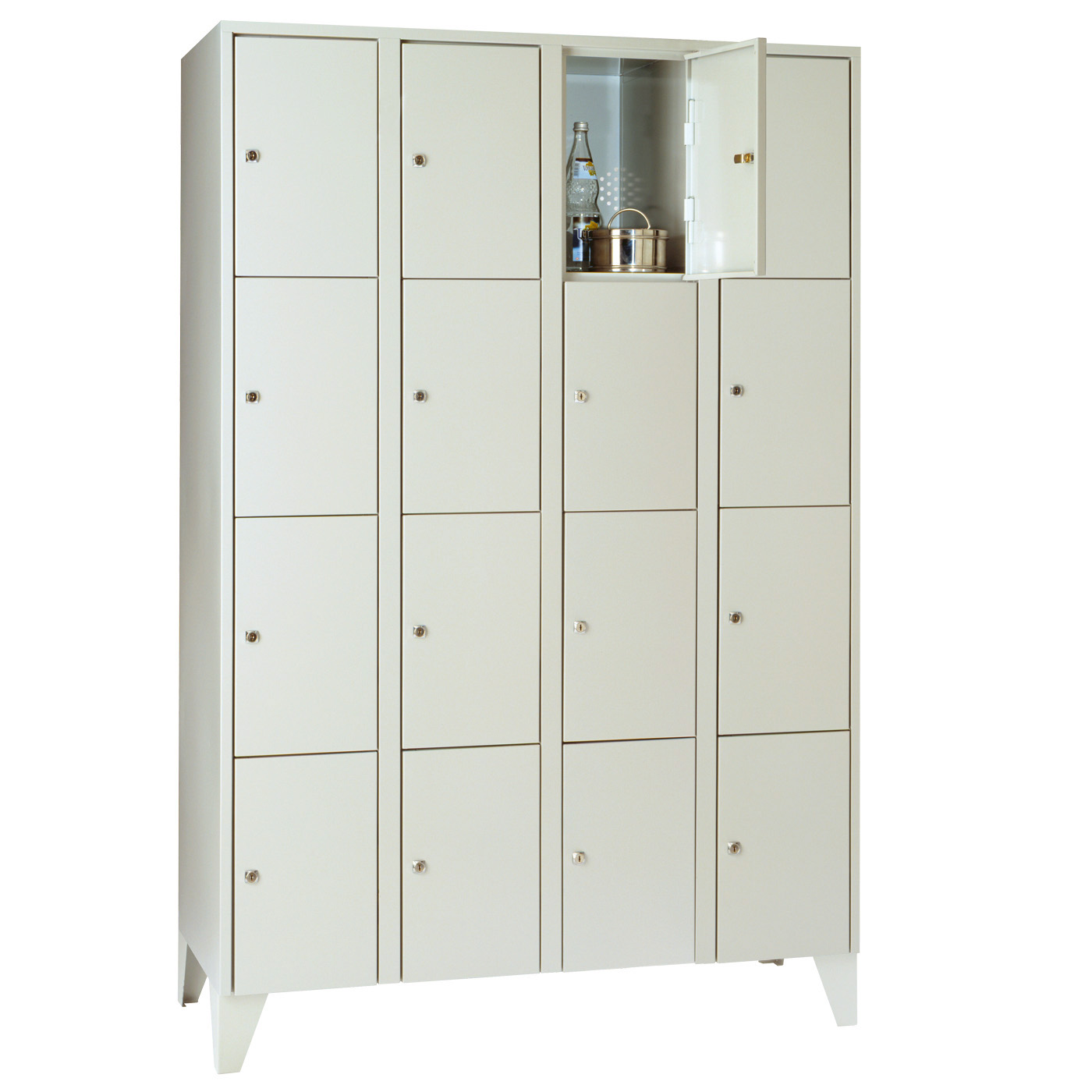 Wolf Fächerschrank Serie 72, Füße, Abteilbreite 300 mm, 4 Abteile à 4 Fächer Lichtgrau RAL 7035