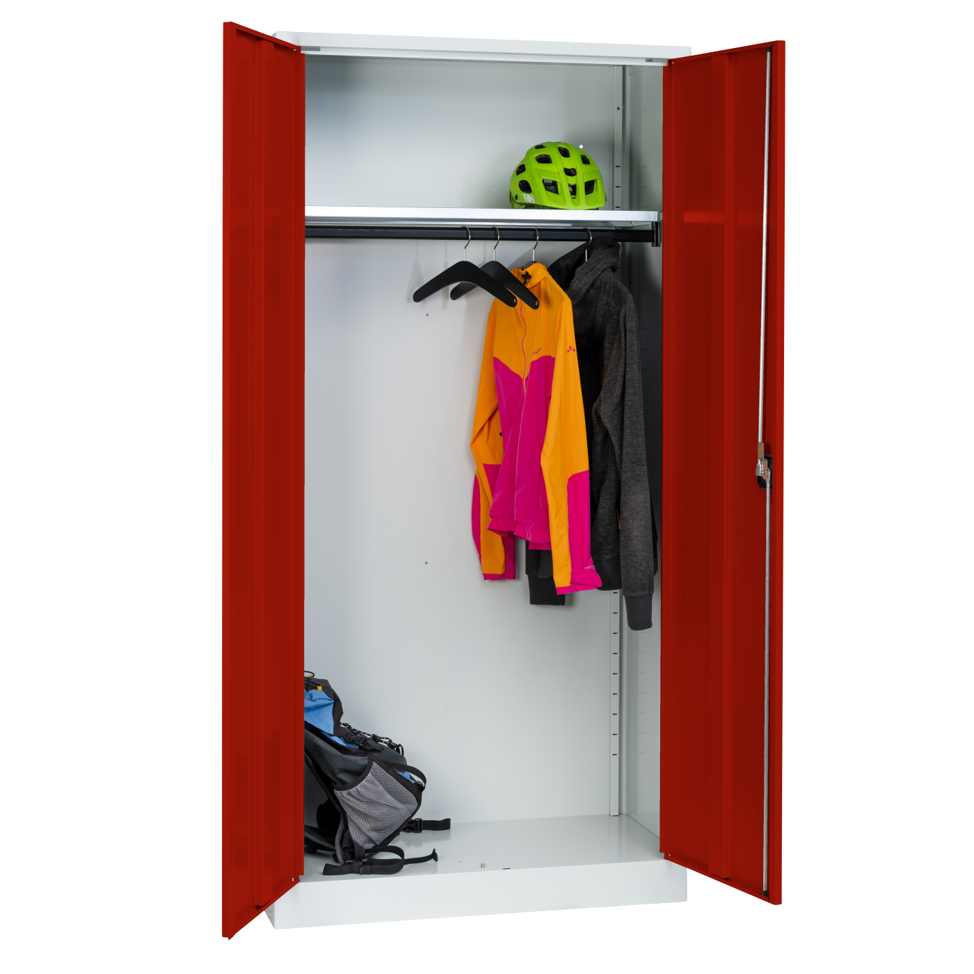 Wolf Flügeltüren-Garderobenschrank Serie 20 mit Sockel Höhe 1950 Breite 950 mm durchgehend Feuerrot RAL 3000