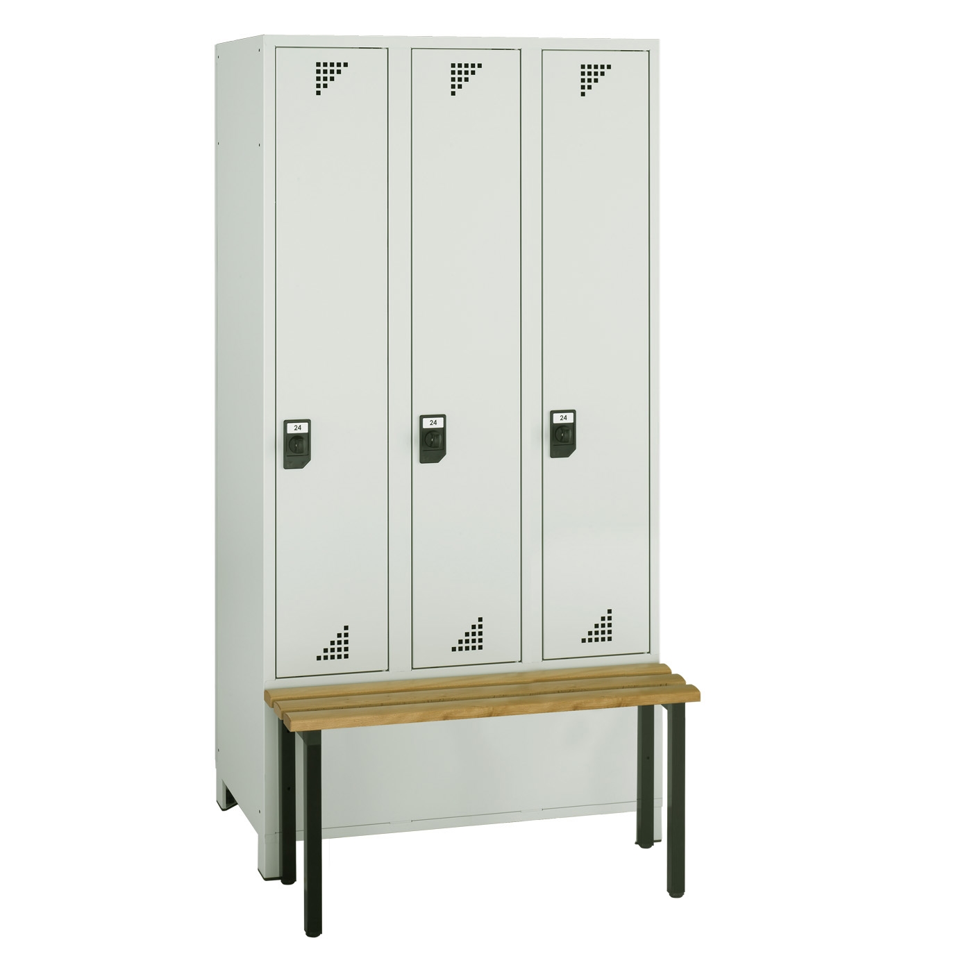 Wolf Spind Serie 82 S mit vorgebauter Sitzbank, Füße, Abteilbreite 300 mm, 3 Abteile Lichtgrau RAL 7035