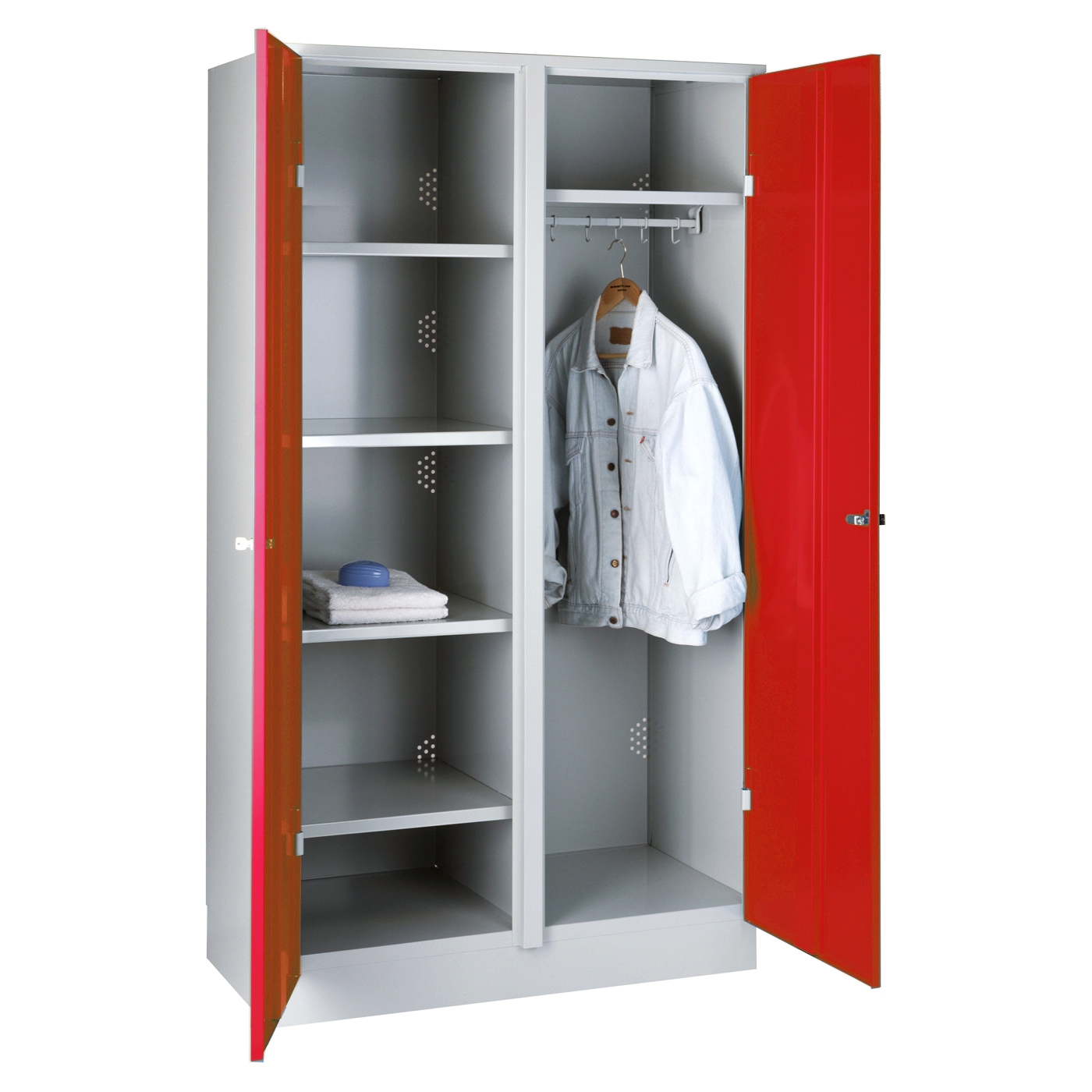 Wolf Garderoben-Wäscheschrank und Spind Serie 75 C, Sockel, Abteilbreite 500 mm, 2 Abteile Feuerrot RAL 3000