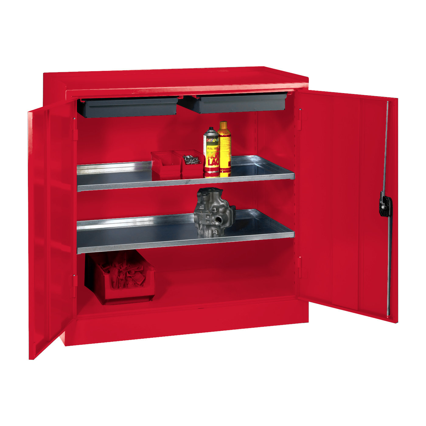 Wolf Werkzeugschrank Serie 51 Sockel Breite 1000 mm 1 Abteil 2 Schubladen 2 Fachböden Feuerrot RAL 3000