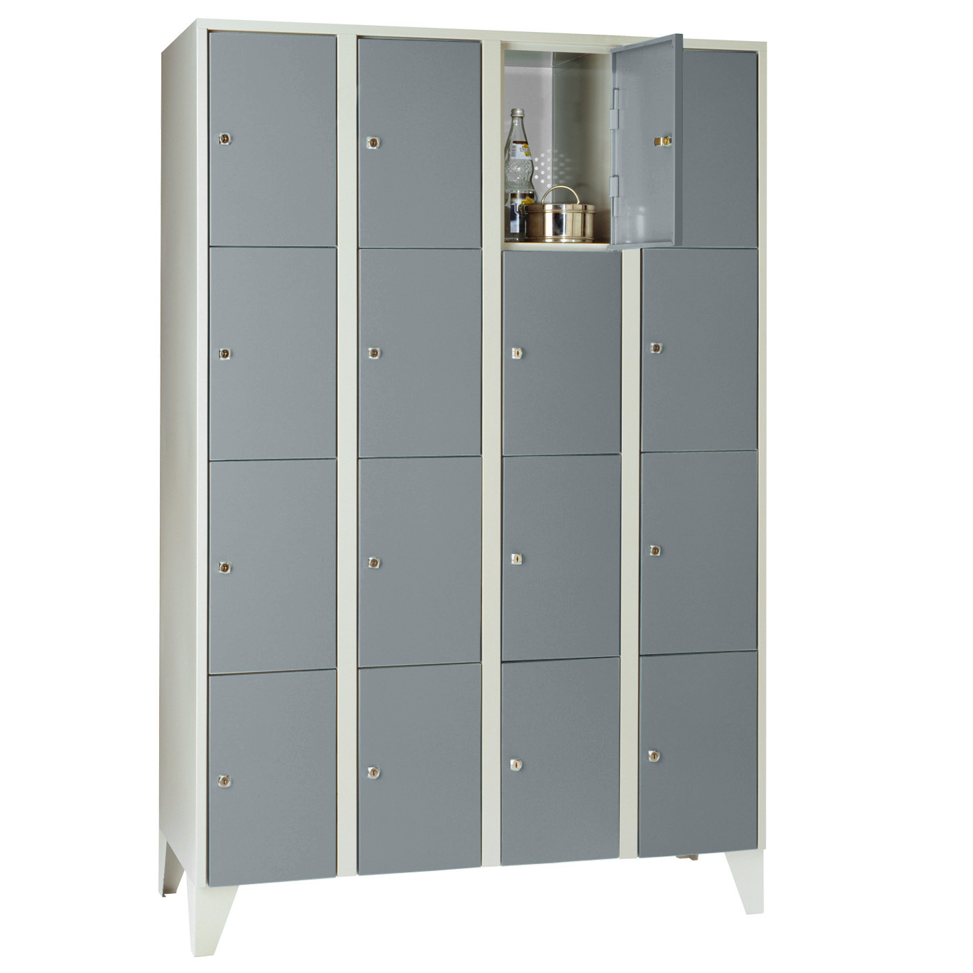 Wolf Fächerschrank Serie 72, Füße, Abteilbreite 300 mm, 4 Abteile à 4 Fächer Blaugrau RAL 7031
