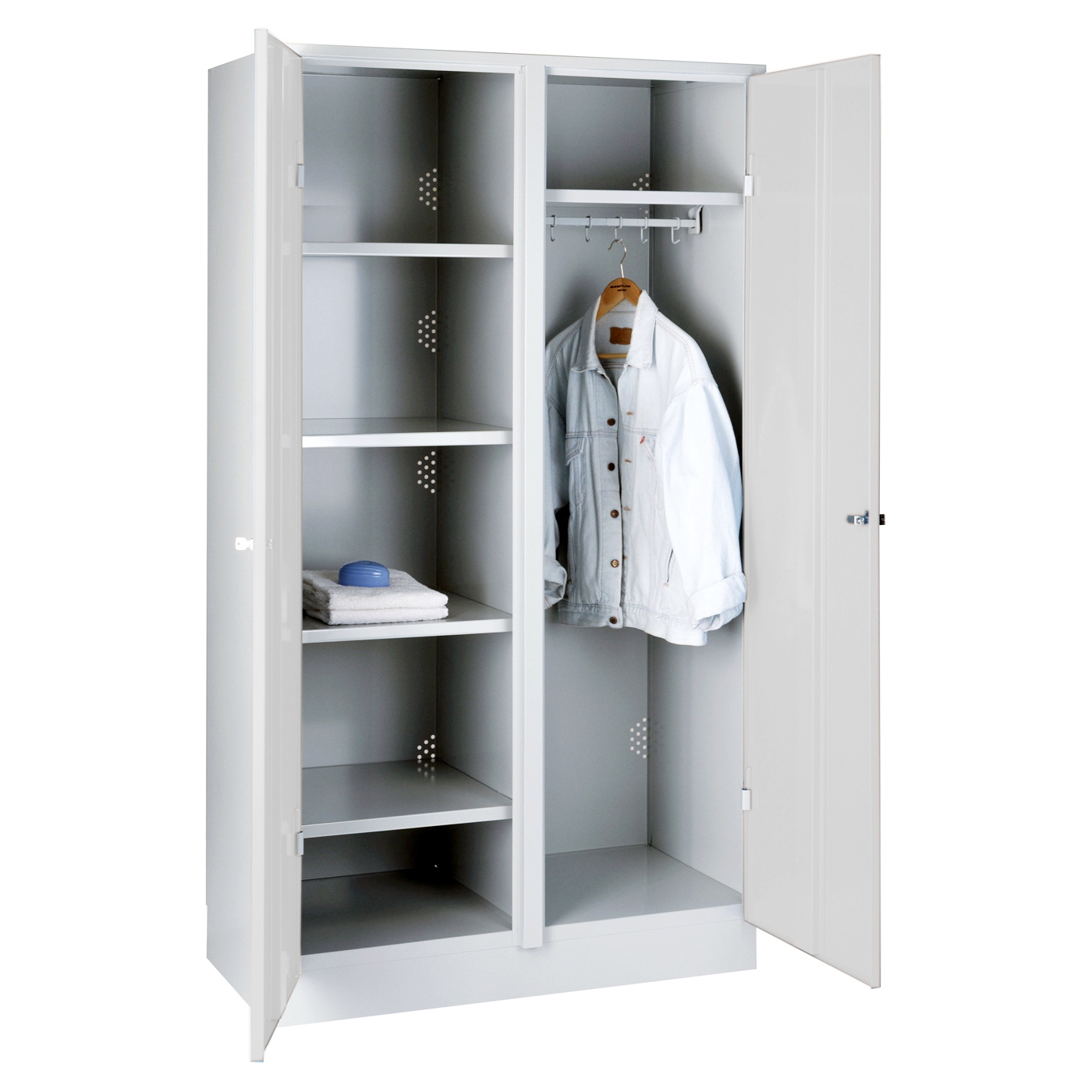 Wolf Garderoben-Wäscheschrank und Spind Serie 75 C, Sockel, Abteilbreite 500 mm, 2 Abteile Lichtgrau RAL 7035