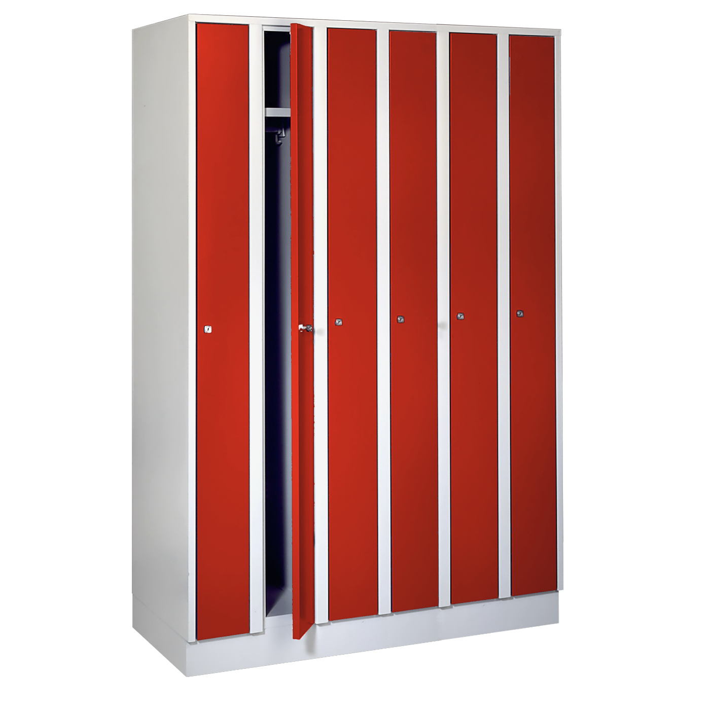 Wolf Raumspar-Spind Serie 71 R, Sockel, 6 Abteile mit einer Abteilbreite von je 200 mm Feuerrot RAL 3000