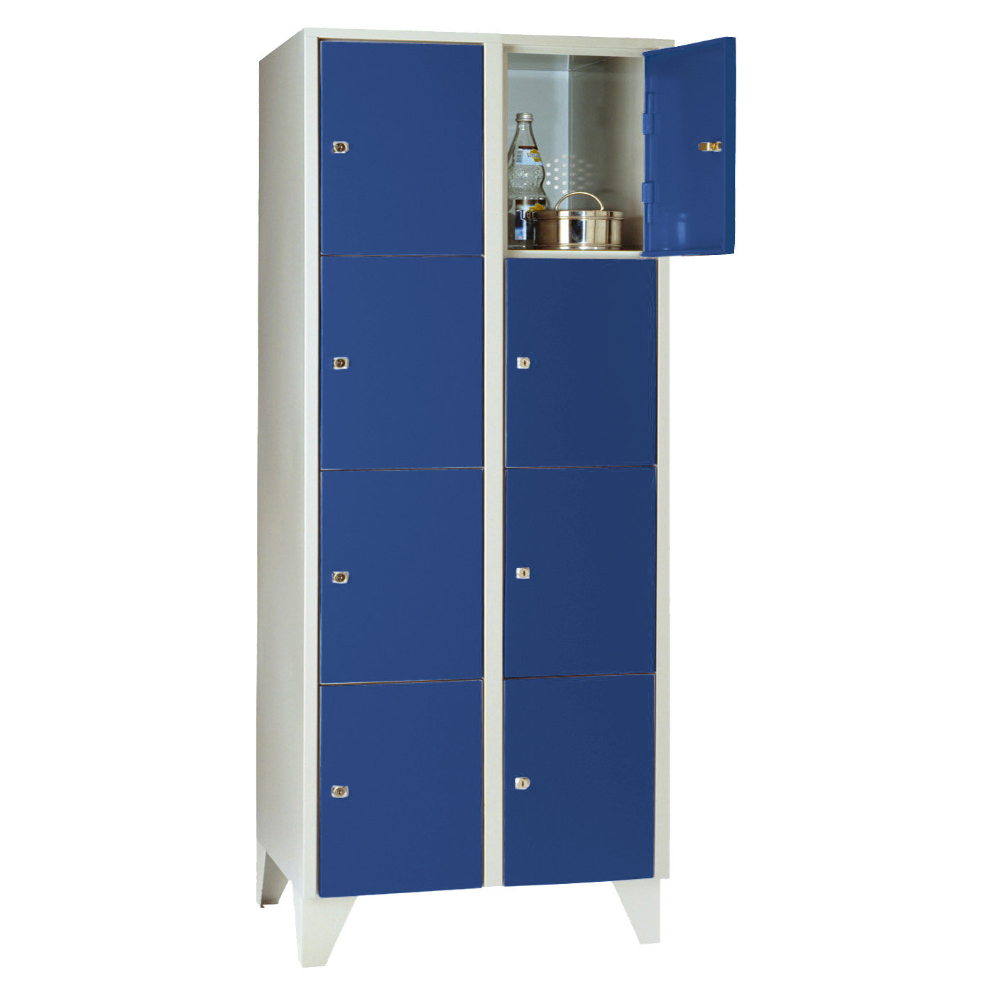Wolf Fächerschrank Serie 72, Füße, Abteilbreite 400 mm, 2 Abteile à 4 Fächer Enzianblau RAL 5010