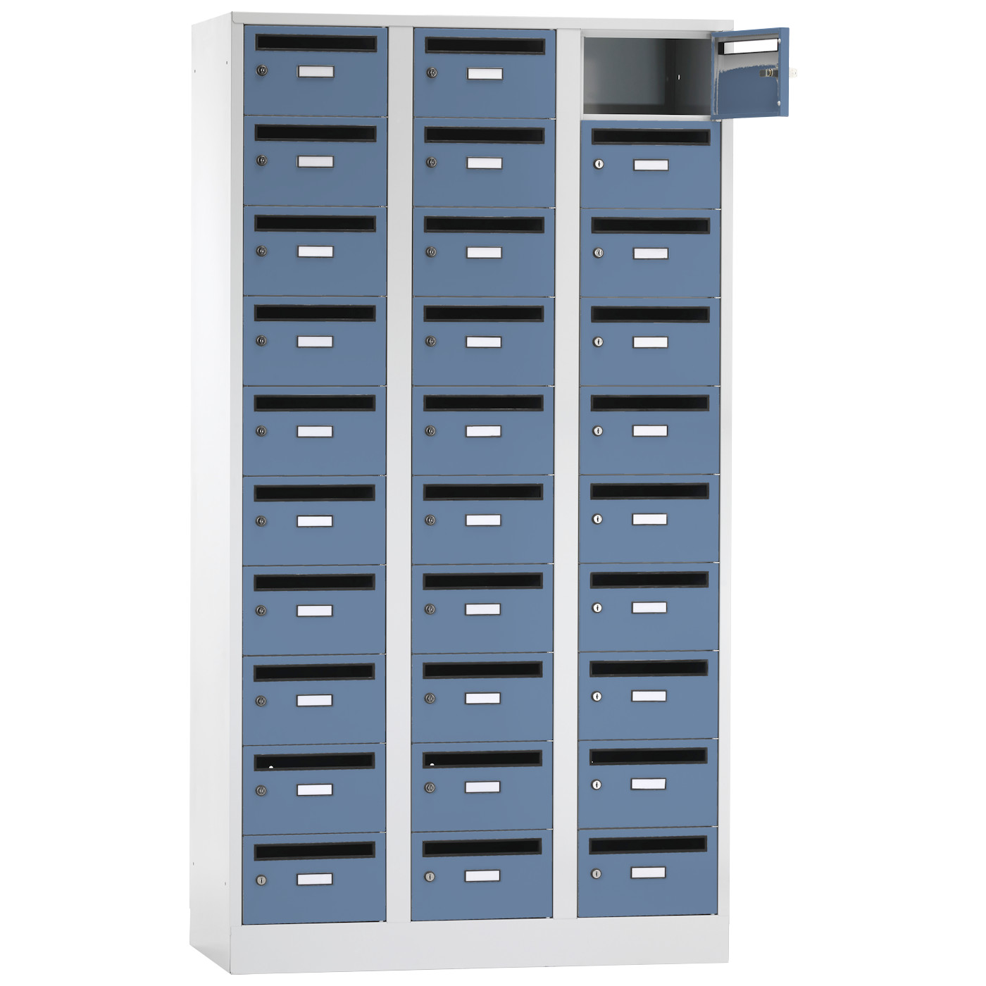 Wolf Postverteilerschrank Serie 42 PV, Sockel, Abteilbreite 350 mm, 3 Abteile à 10 Fächer Taubenblau RAL 5014