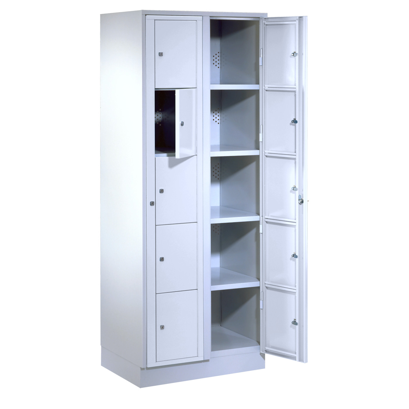 Wolf Wäscheverteilerschrank Serie 71 ZW, Sockel, Abteilbreite 350 mm, 2 Abteile à 5 Fächer Lichtgrau RAL 7035