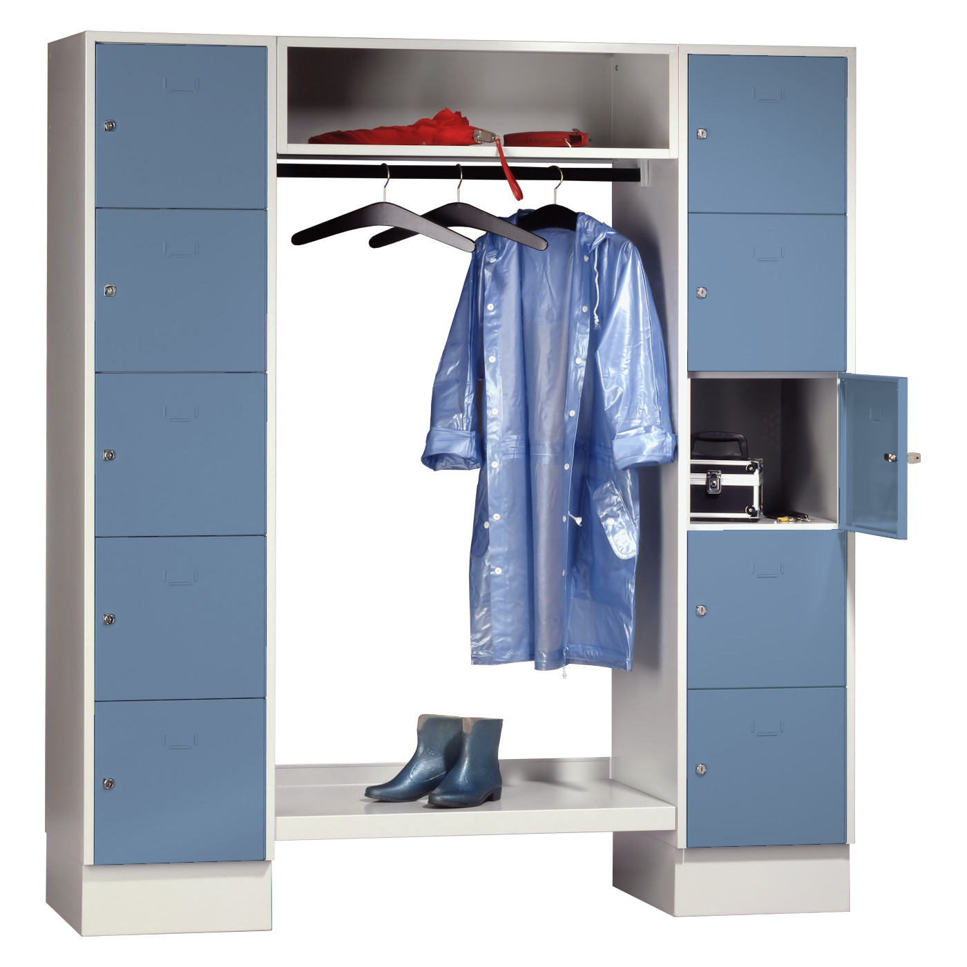 Wolf Schließfachgarderoben-System Serie 78 2 Abteile Breite 400 mm 10 Fächer offene Garderobe Taubenblau RAL 5014