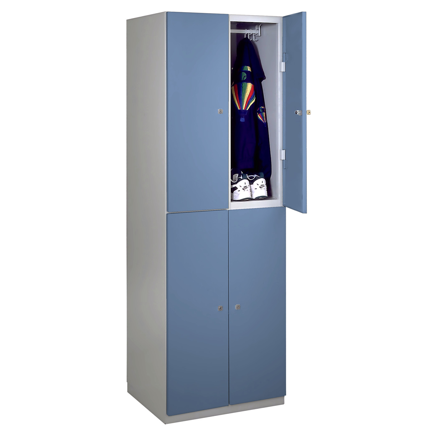 Wolf Garderobenspind Serie 77 doppelstöckig Flügeltüren Abteilbreite 300 mm 2 Abteile 4 Fächer Taubenblau RAL 5014