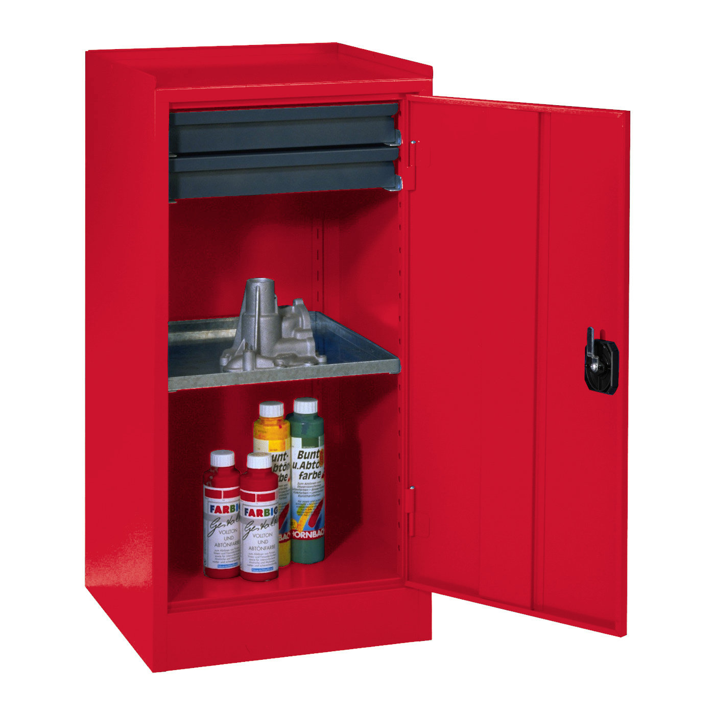 Wolf Werkzeugschrank Serie 50, Sockel, Breite 500 mm, 2 Schubladen, 1 Fachboden Feuerrot RAL 3000