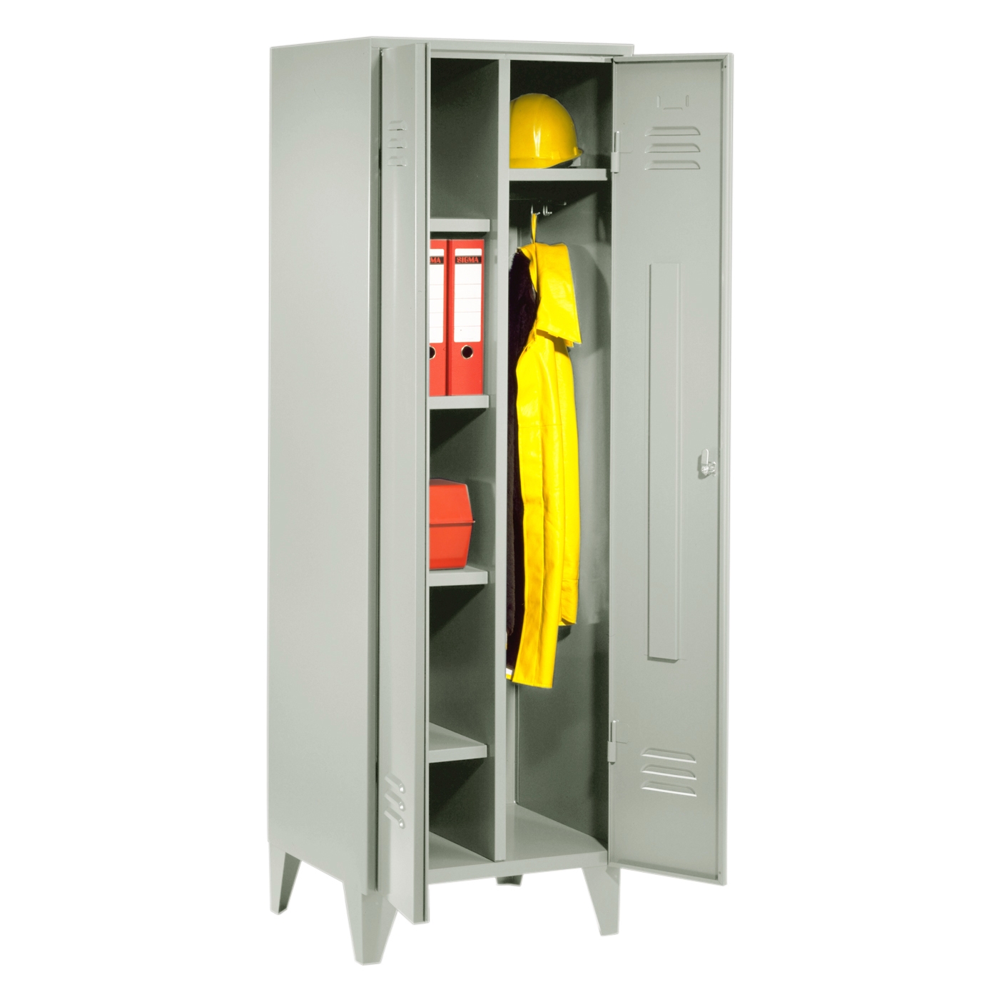 Wolf Garderoben-Wäscheschrank und Spind Serie 76, Sockel, Abteilbreite 300 mm, 2 Abteile Lichtgrau RAL 7035