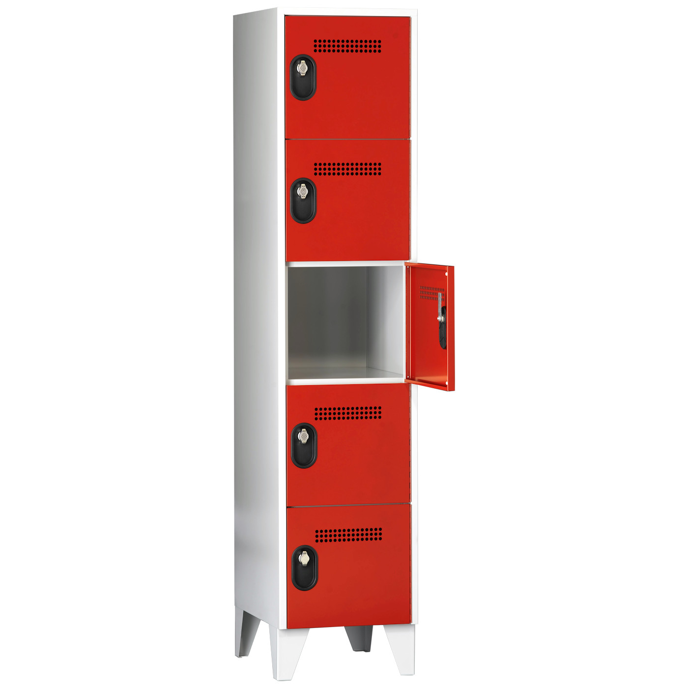 Wolf Fächerschrank Serie 90, Füße, Abteilbreite 400 mm, 1 Abteil à 5 Fächer Feuerrot RAL 3000