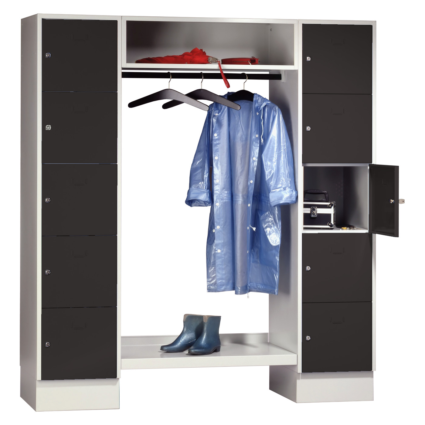 Wolf Schließfachgarderoben-System Serie 78 2 Abteile Breite 400 mm 10 Fächer offene Garderobe Tiefschwarz RAL 9005