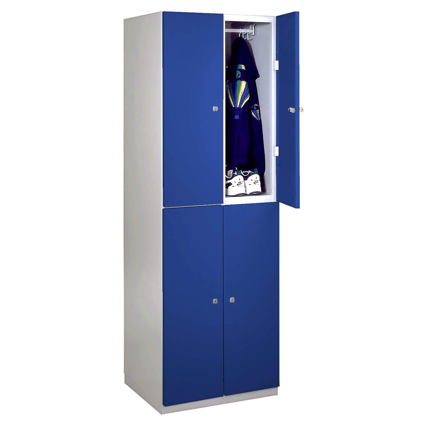 Wolf Garderobenspind Serie 77 doppelstöckig Flügeltüren Abteilbreite 300 mm 2 Abteile 4 Fächer Enzianblau RAL 5010