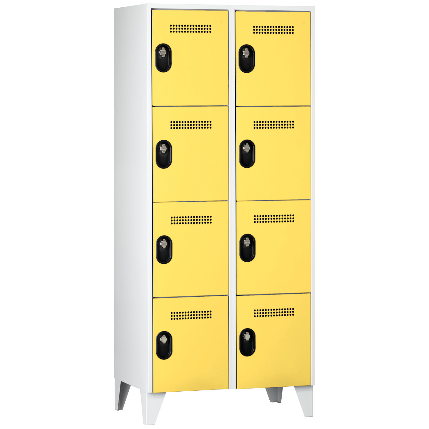 Wolf Fächerschrank Serie 90, Füße, Abteilbreite 400 mm, 2 Abteile à 4 Fächer Zinkgelb RAL 1018