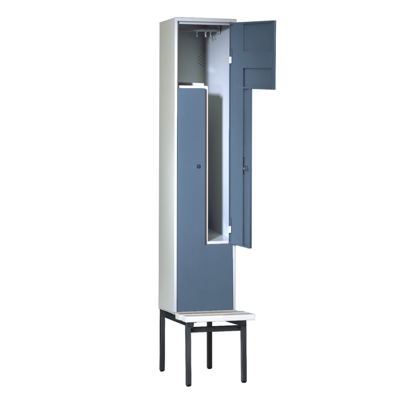 Wolf Z-Spind Serie 71 ZU, Sitzbankuntergestell, 2 Fächer mit einer Breite von je 200/400 mm Taubenblau RAL 5014